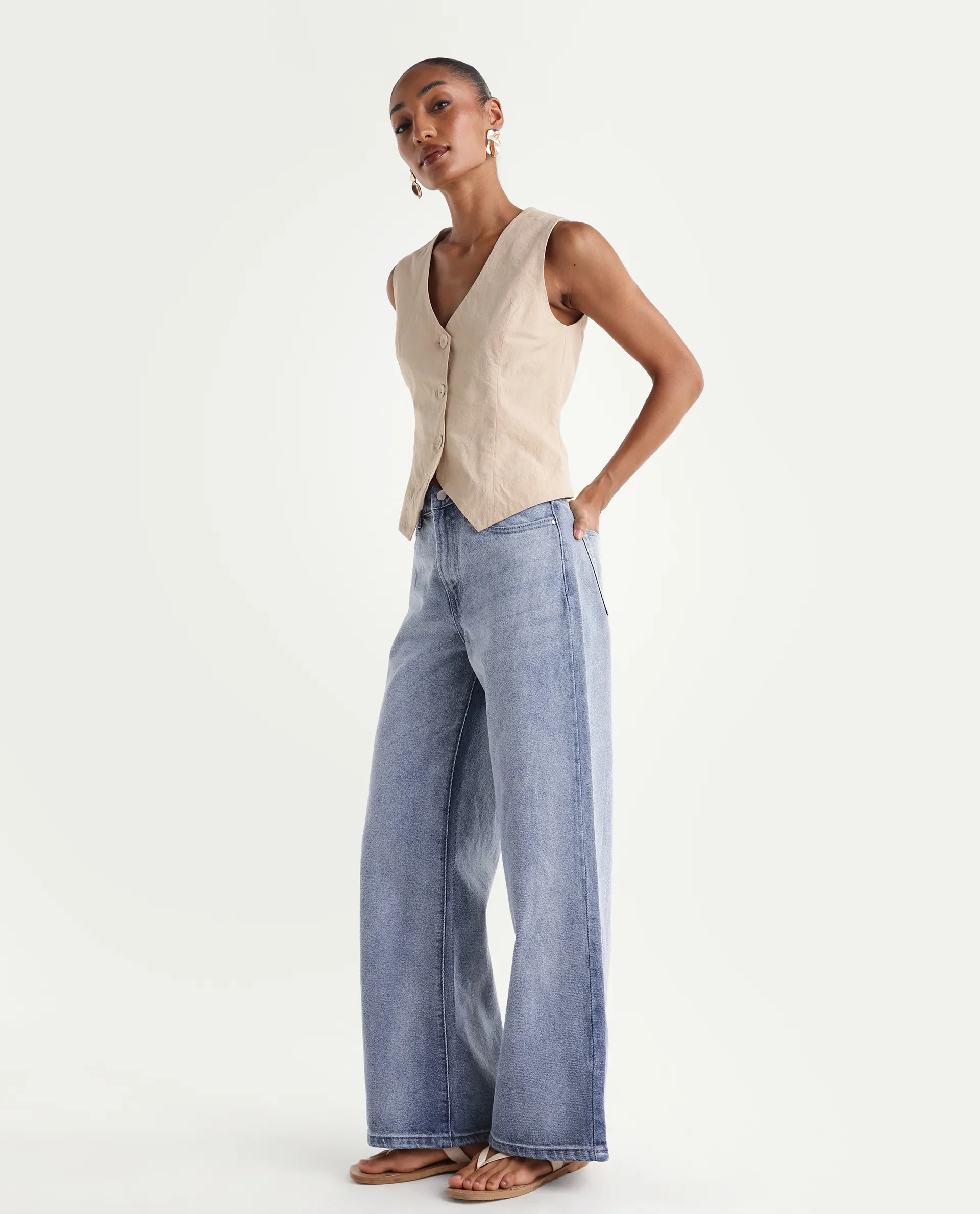 Rareism Women's Ribane Light Blue Cotton Wide Leg Plain Jeans - Image 6