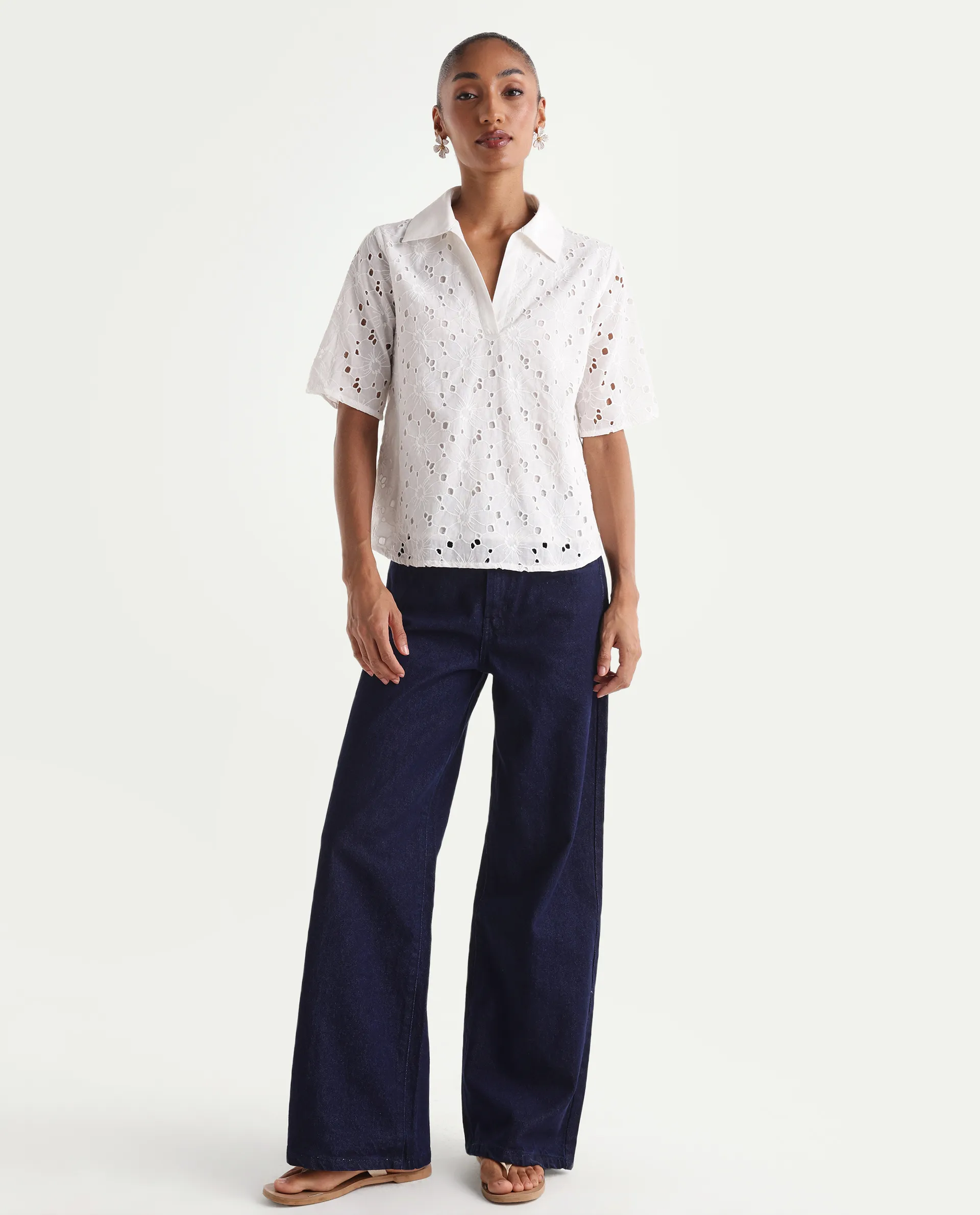 Rareism Women's Ribar Navy Cotton Wide Leg Plain Jeans - Image 4