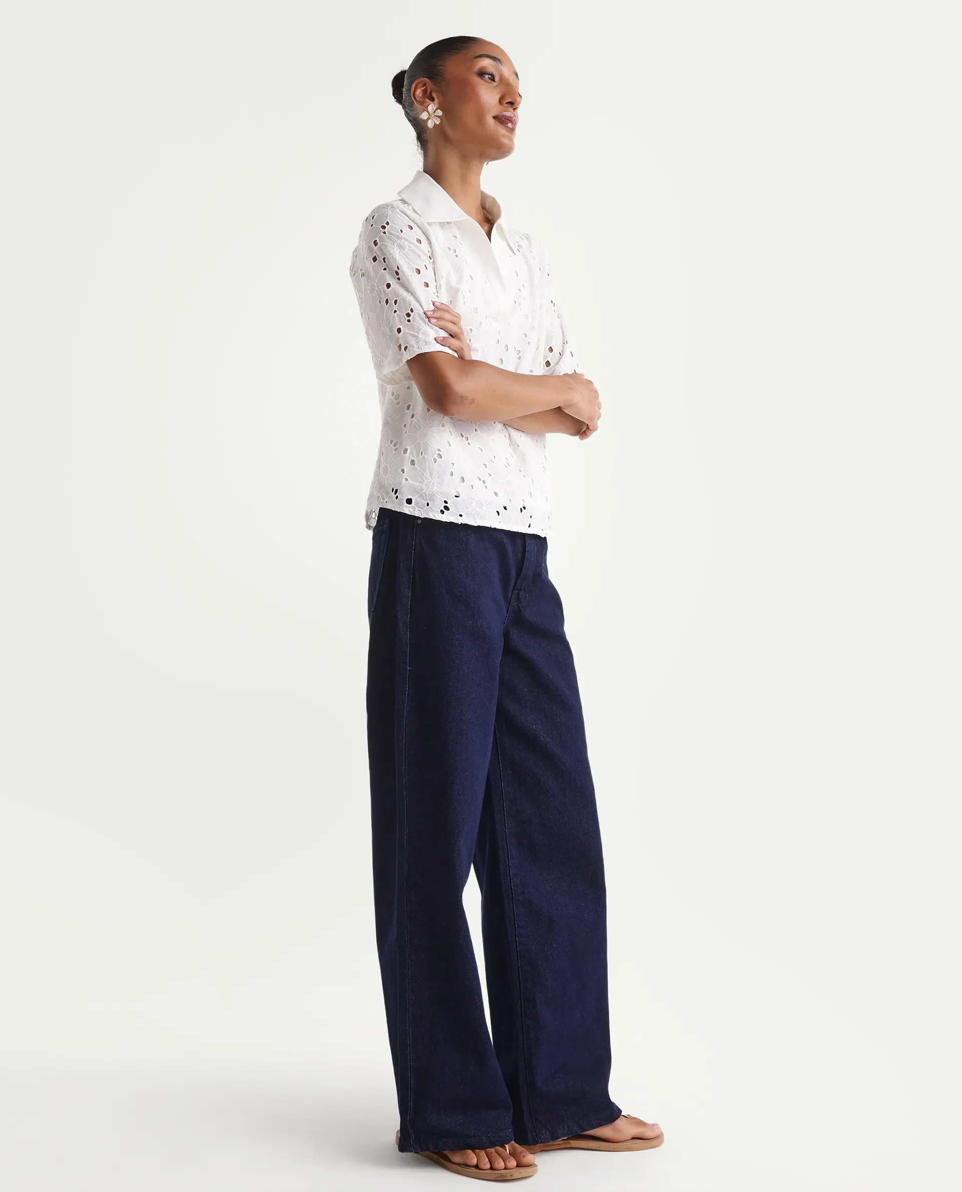 Rareism Women's Ribar Navy Cotton Wide Leg Plain Jeans - Image 5
