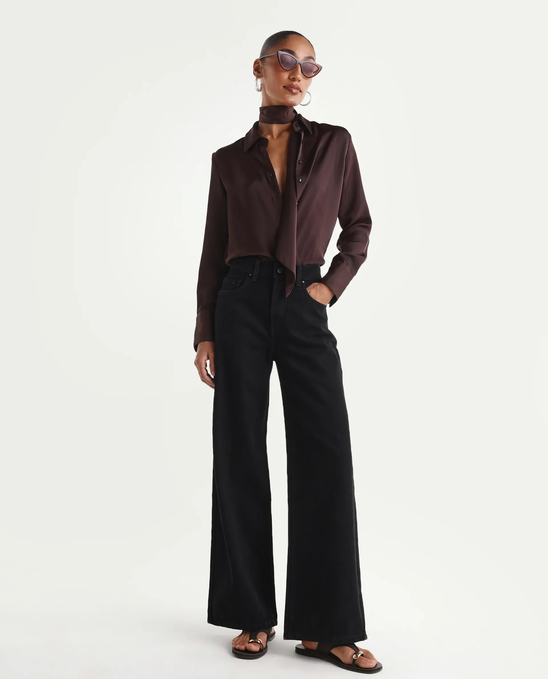 Rareism Women's Ribexa Black Cotton Wide Leg Plain Jeans