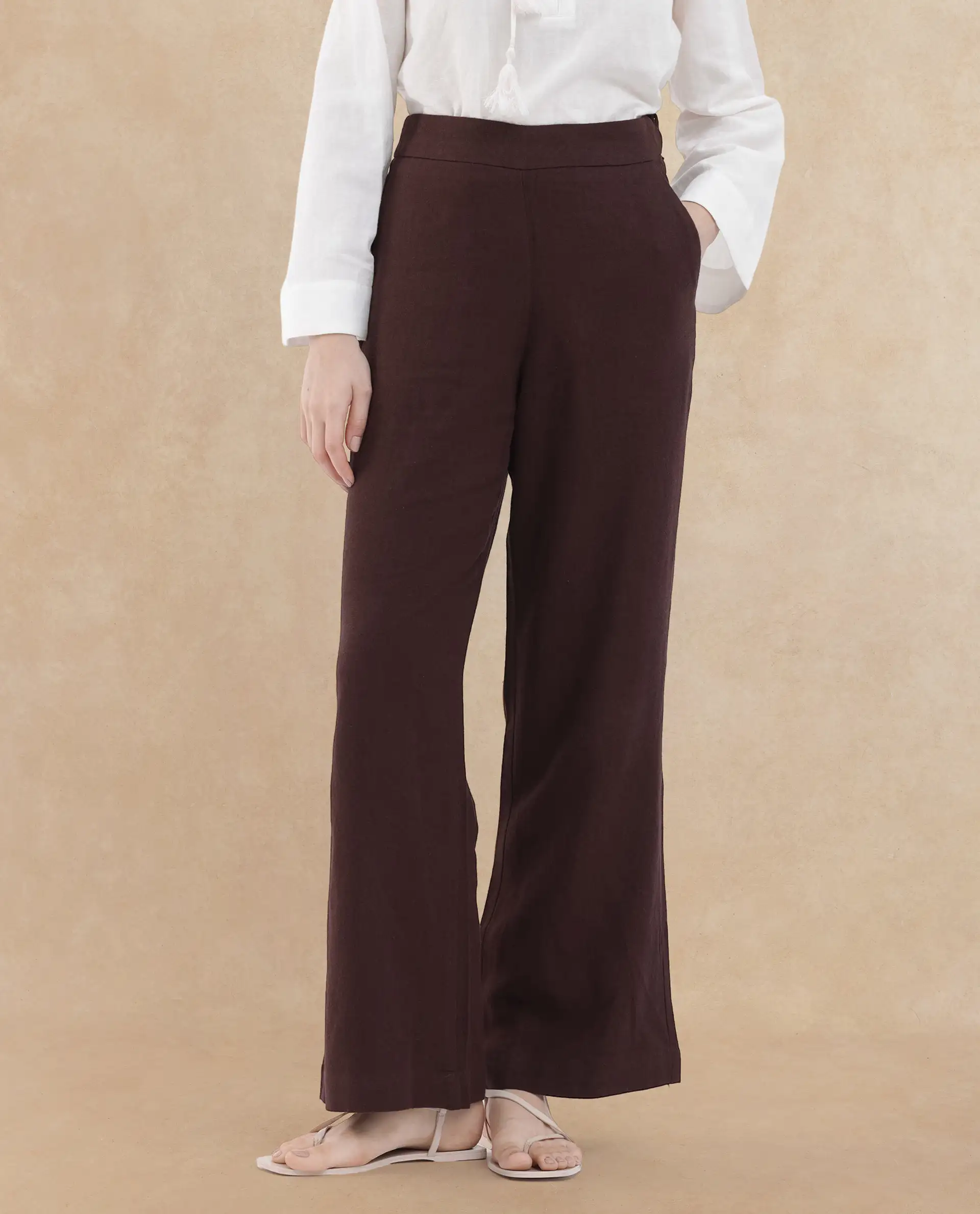 Rareism Women's Rica Brown Cotton Linen Plain Ankle Length Wide Trouser - Image 2