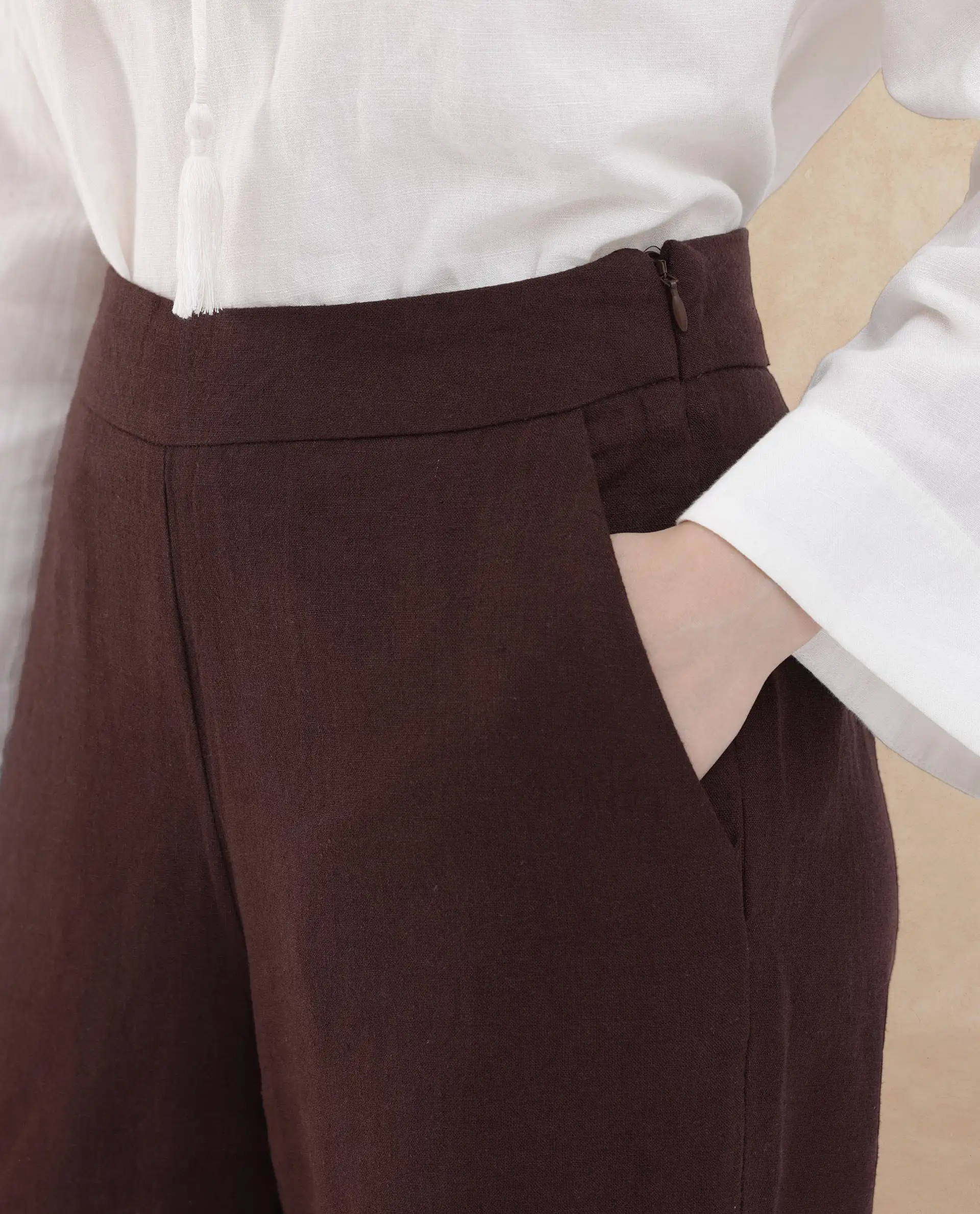 Rareism Women's Rica Brown Cotton Linen Plain Ankle Length Wide Trouser - Image 3