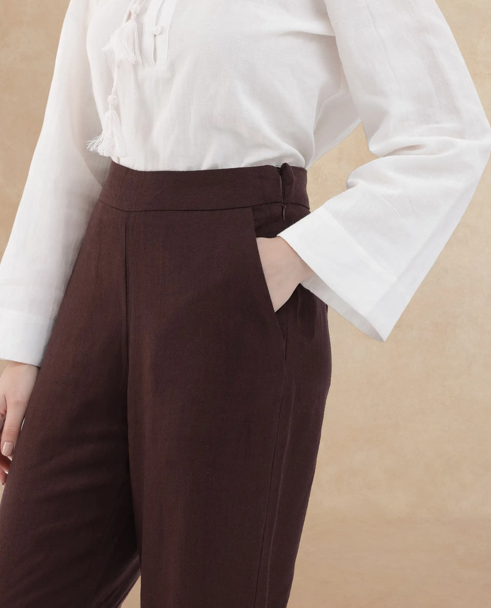 Rareism Women's Rica Brown Cotton Linen Plain Ankle Length Wide Trouser - Image 4