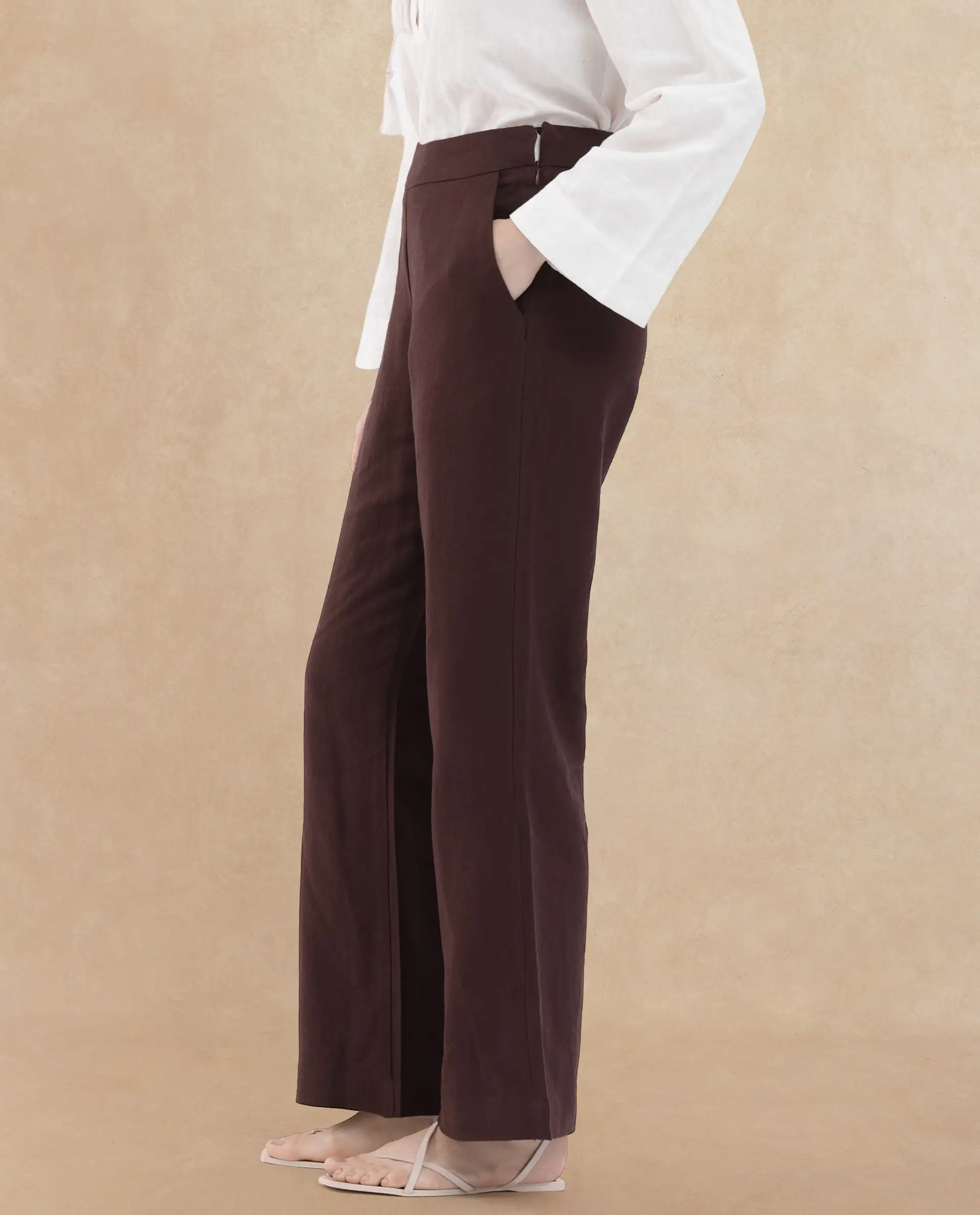 Rareism Women's Rica Brown Cotton Linen Plain Ankle Length Wide Trouser - Image 5
