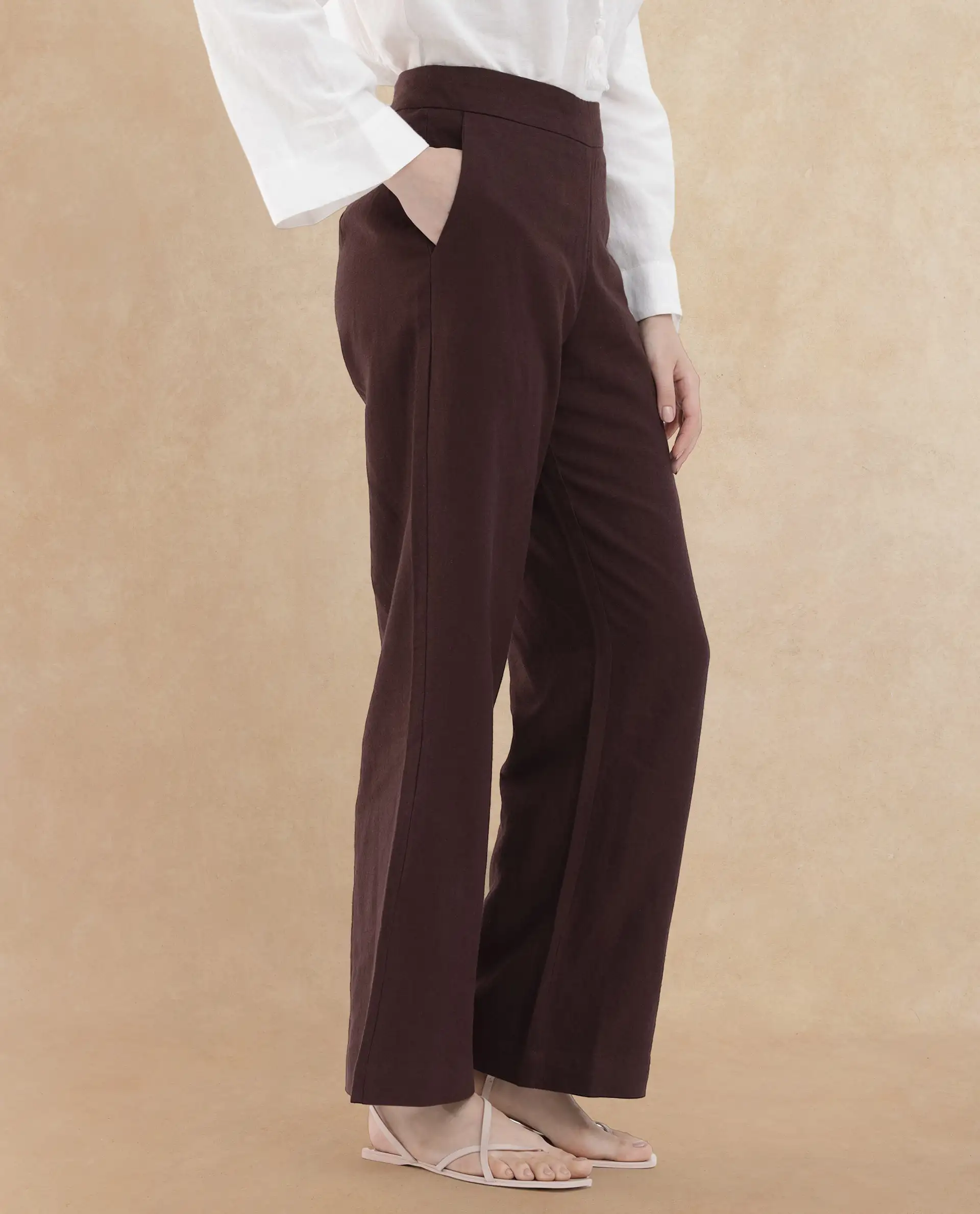 Rareism Women's Rica Brown Cotton Linen Plain Ankle Length Wide Trouser - Image 6
