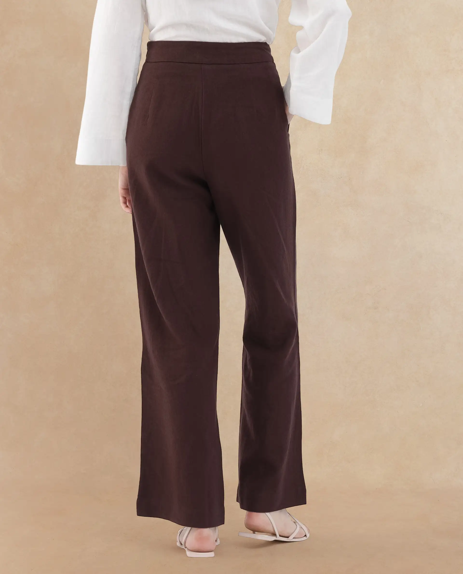 Rareism Women's Rica Brown Cotton Linen Plain Ankle Length Wide Trouser - Image 7