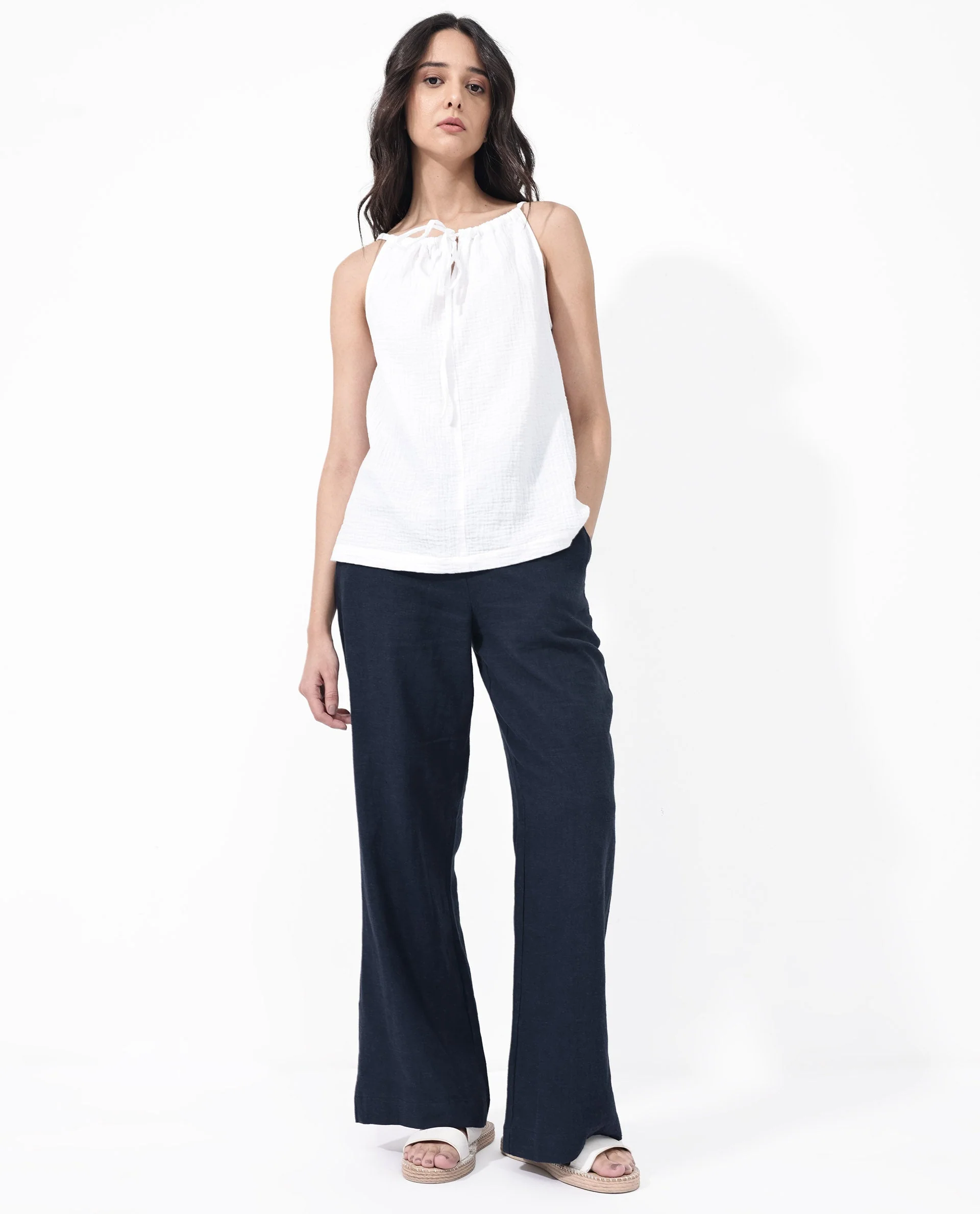 Rareism Women's Rica Dark Navy Cotton Linen Plain Ankle Length Regular Fit Trouser - Image 3