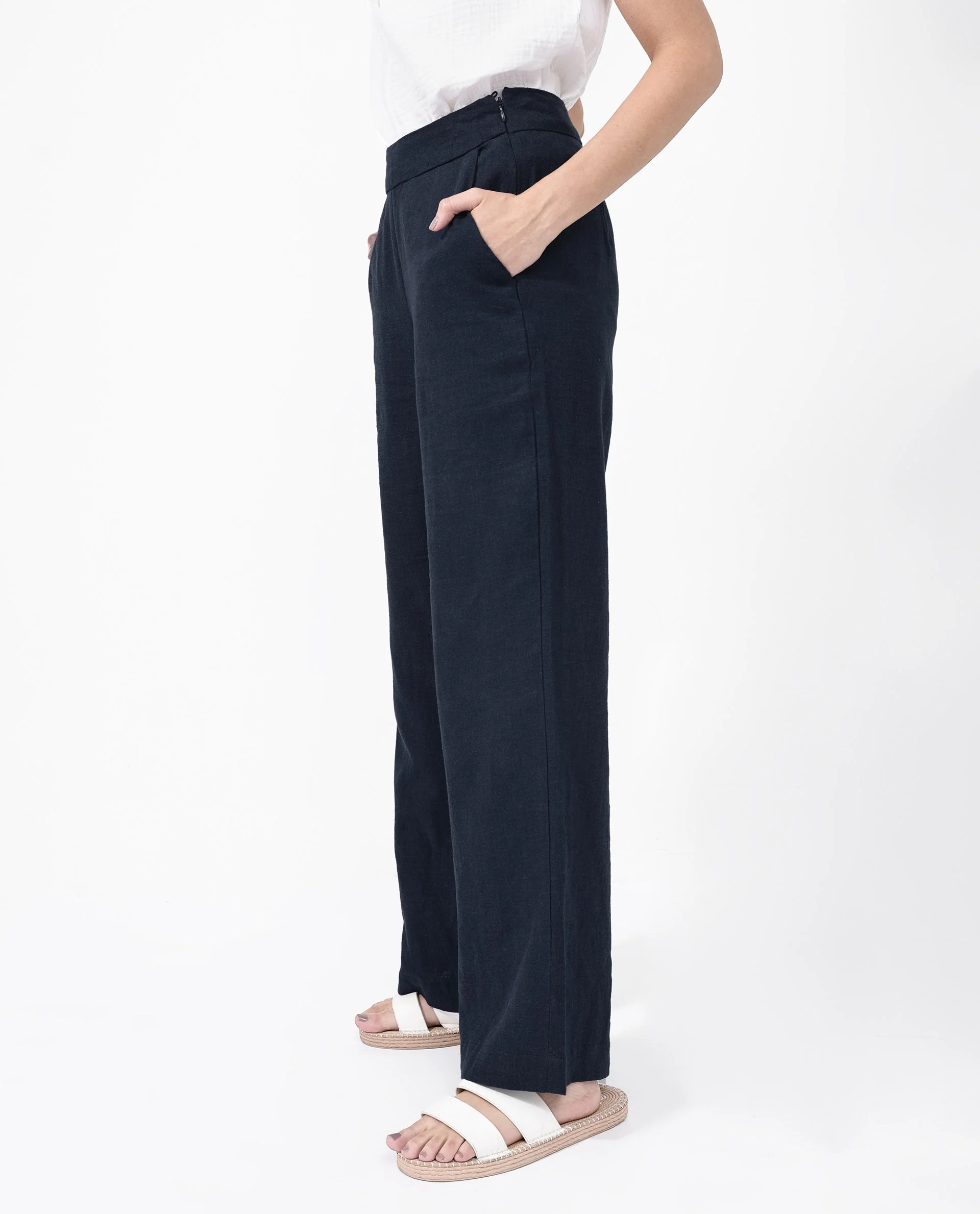 Rareism Women's Rica Dark Navy Cotton Linen Plain Ankle Length Regular Fit Trouser - Image 4