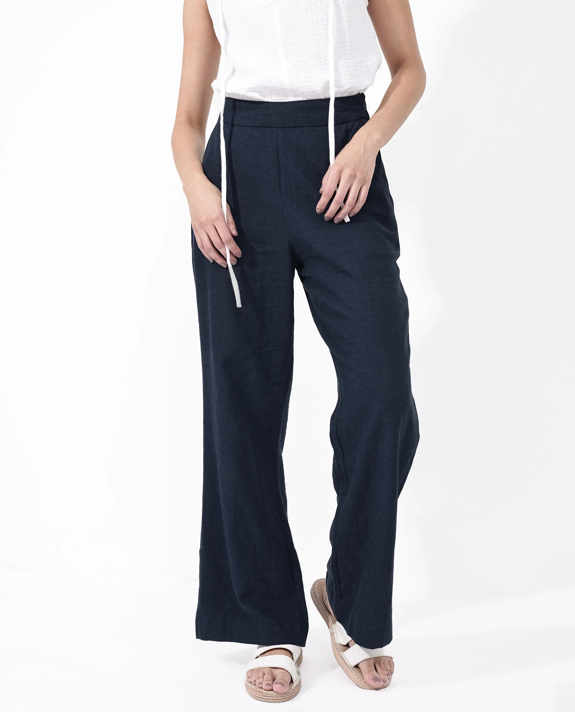 Rareism Women's Rica Dark Navy Cotton Linen Plain Ankle Length Regular Fit Trouser - Image 5