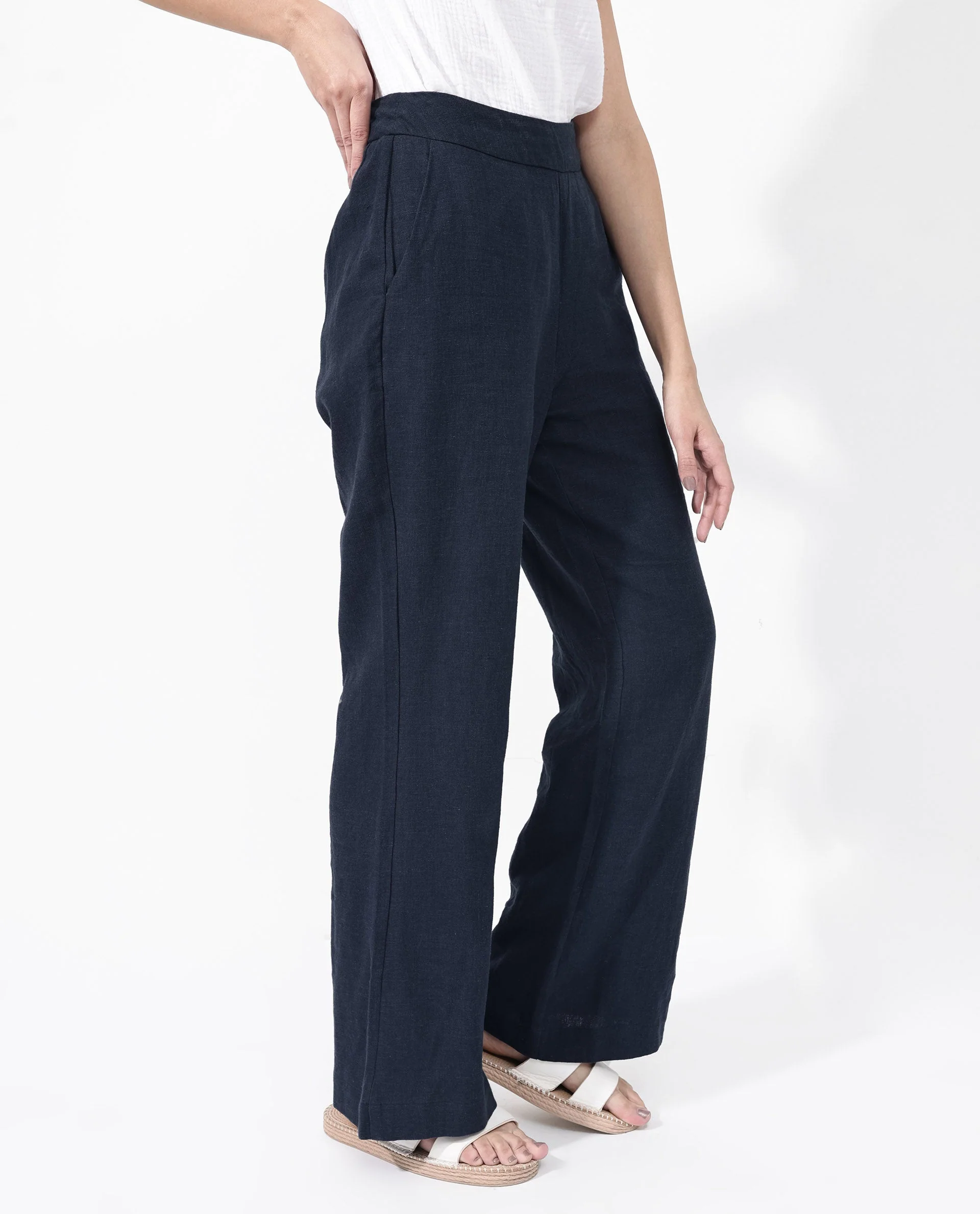 Rareism Women's Rica Dark Navy Cotton Linen Plain Ankle Length Regular Fit Trouser - Image 6