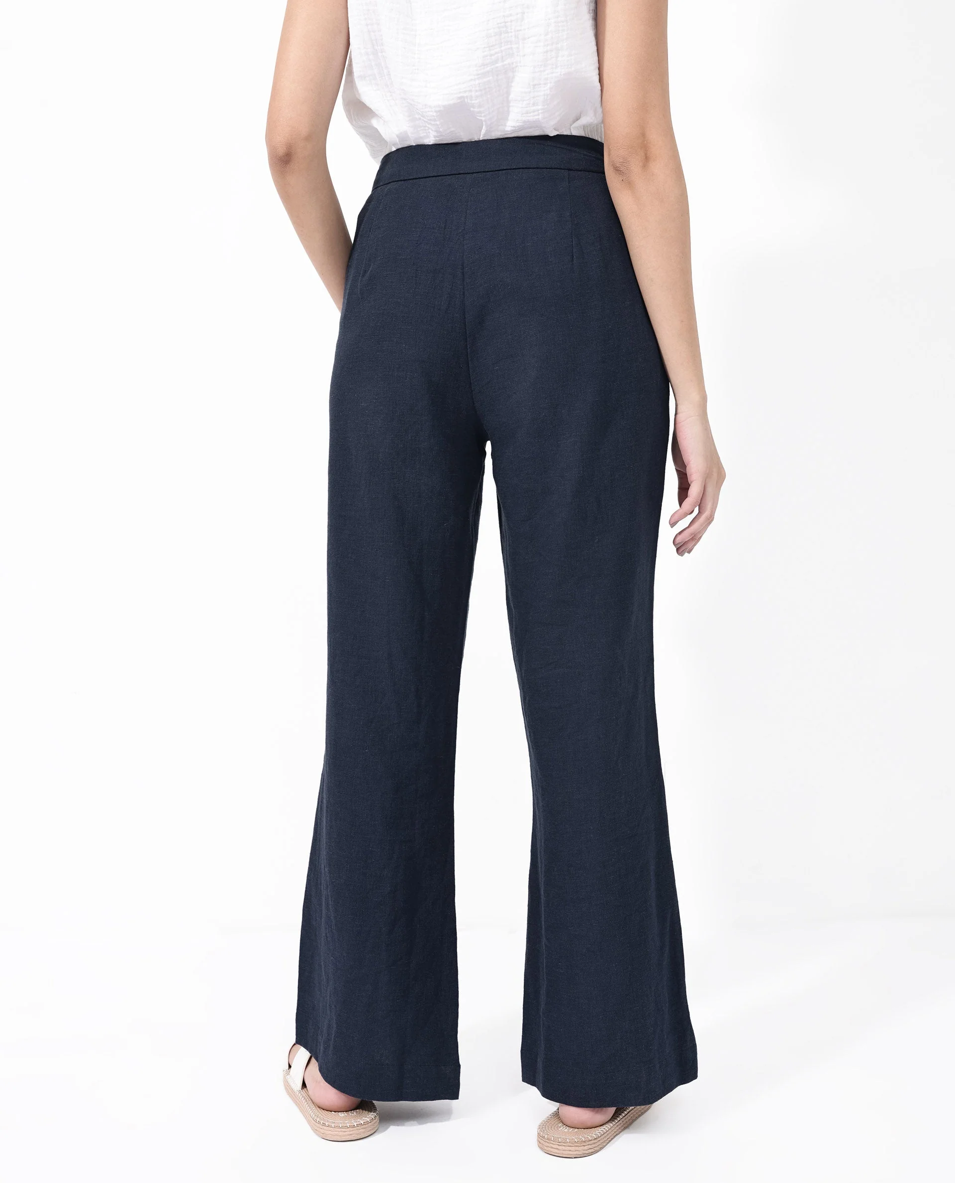 Rareism Women's Rica Dark Navy Cotton Linen Plain Ankle Length Regular Fit Trouser - Image 7