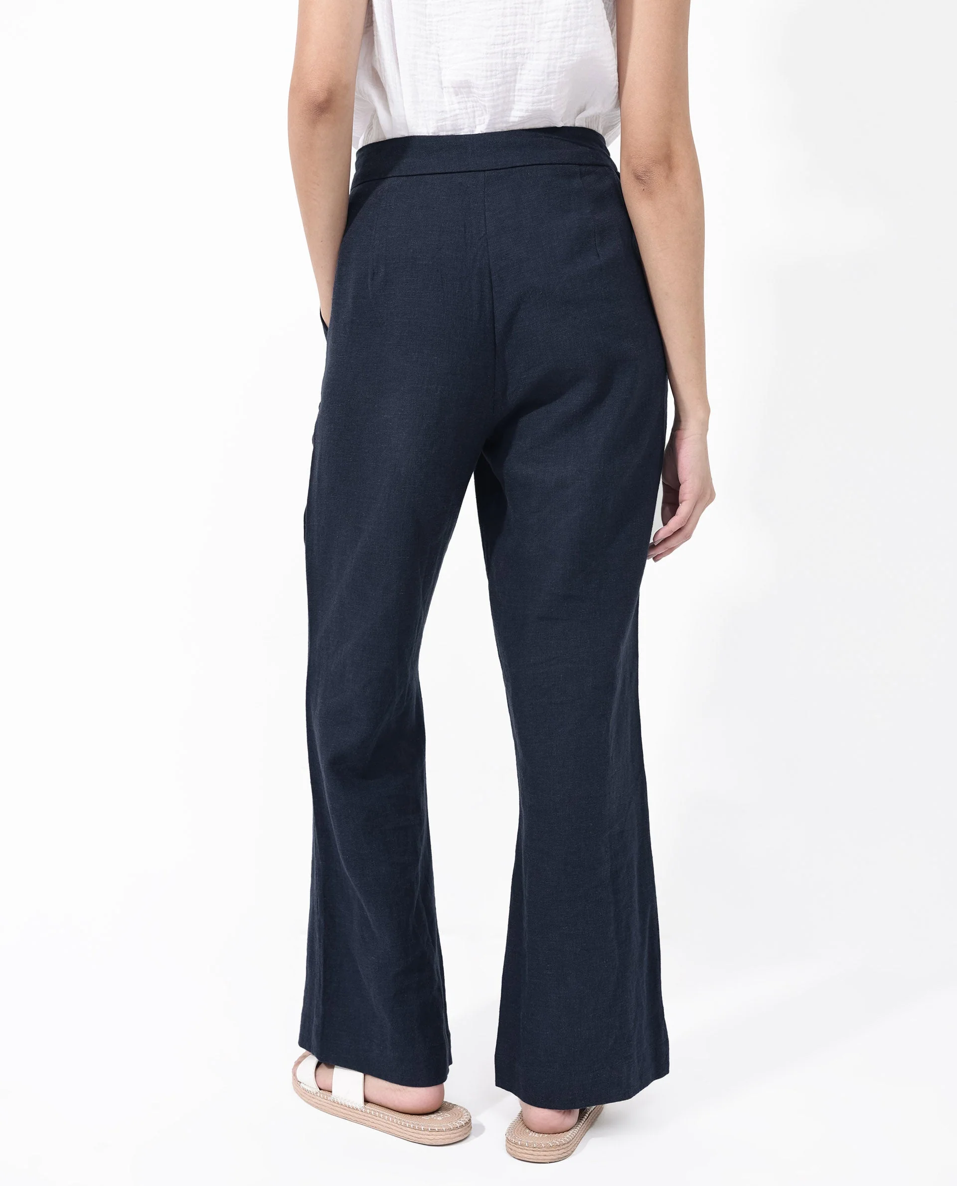 Rareism Women's Rica Dark Navy Cotton Linen Plain Ankle Length Regular Fit Trouser - Image 8