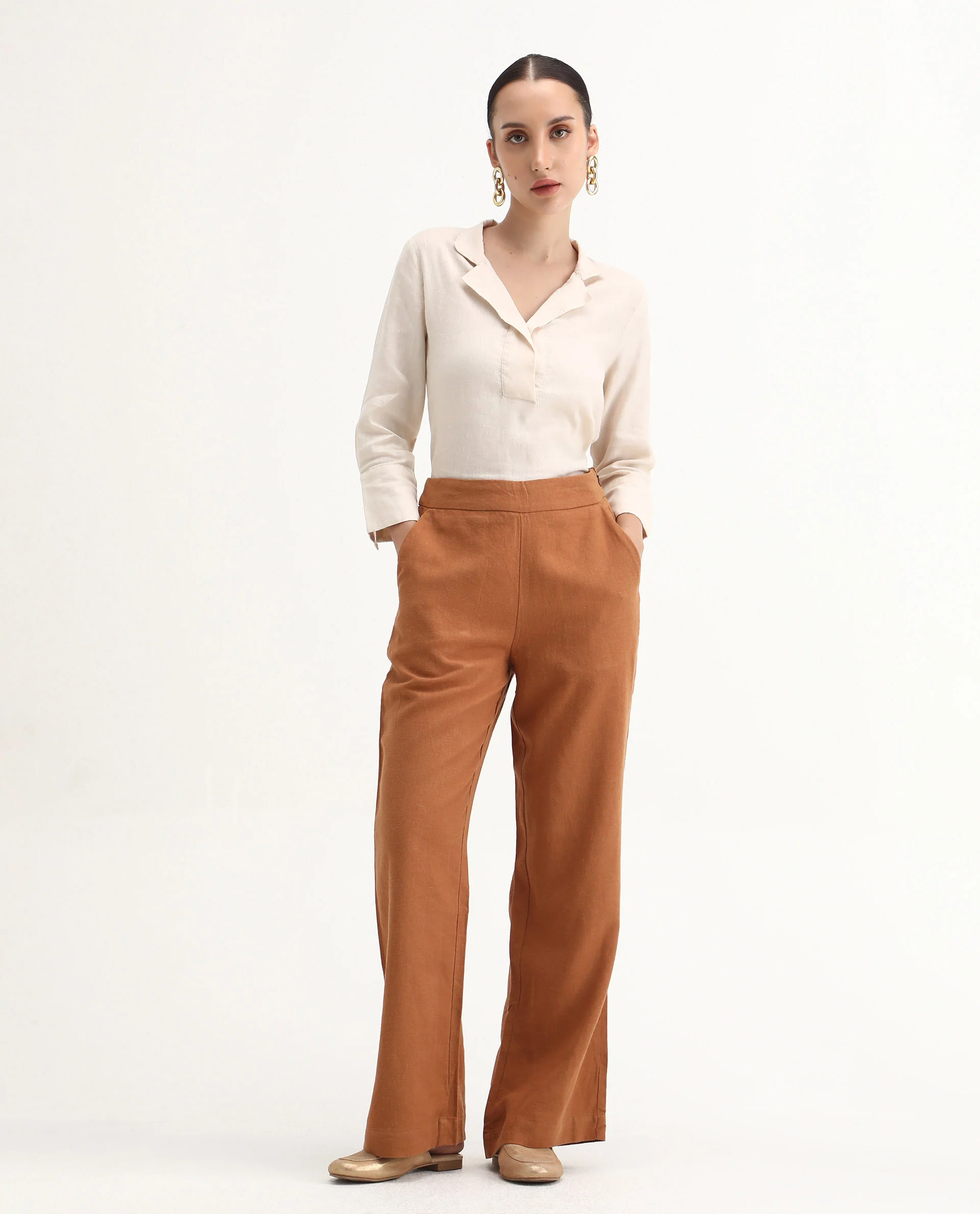 Rareism Women's Rica Pastel Orange Cotton Linen Plain Ankle Length Regular Fit Trouser - Image 2