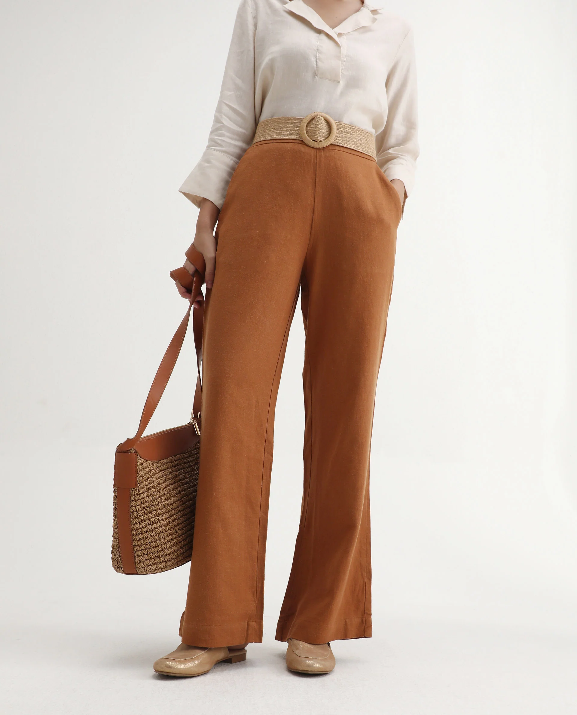 Rareism Women's Rica Pastel Orange Cotton Linen Plain Ankle Length Regular Fit Trouser - Image 3