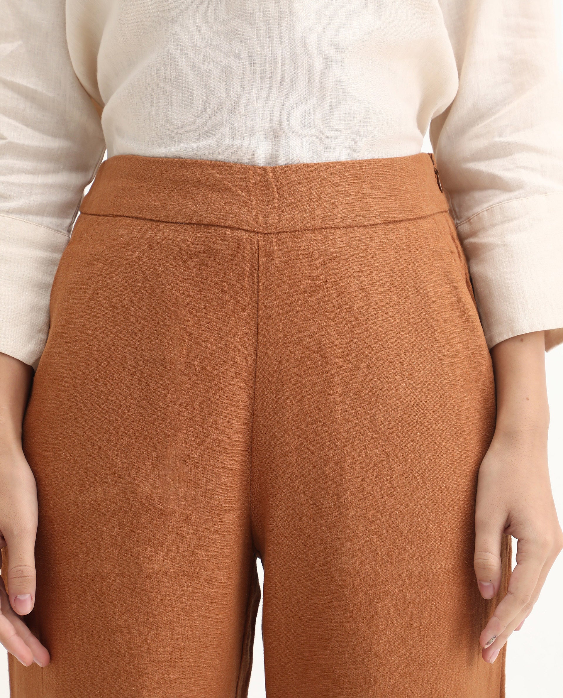 Rareism Women's Rica Pastel Orange Cotton Linen Plain Ankle Length Regular Fit Trouser - Image 4