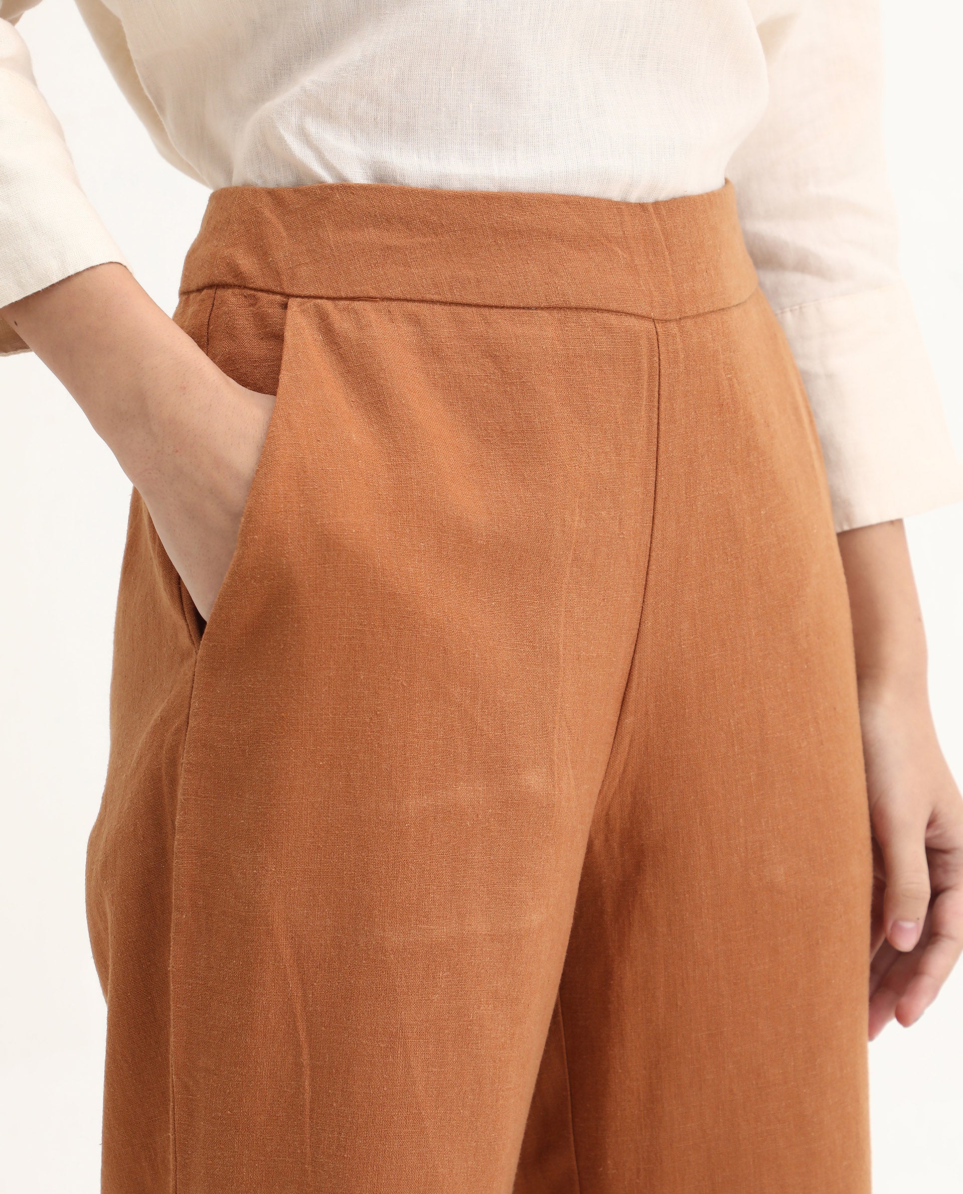 Rareism Women's Rica Pastel Orange Cotton Linen Plain Ankle Length Regular Fit Trouser - Image 5
