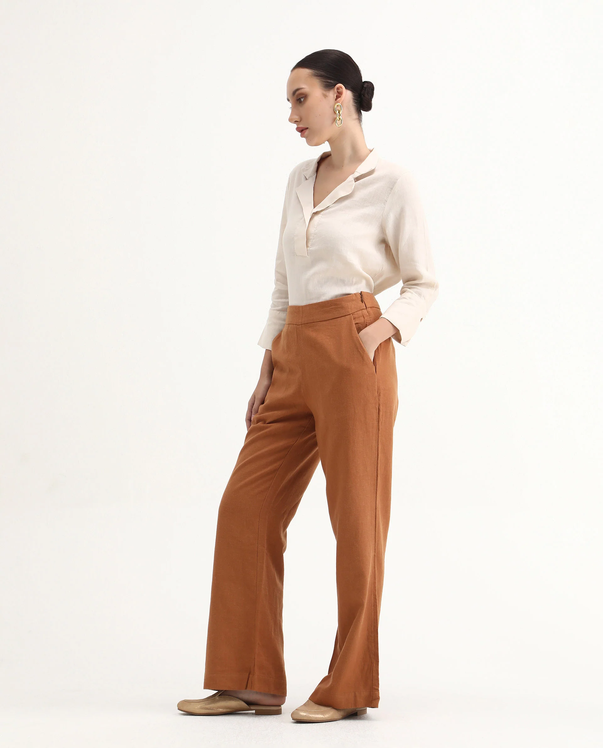 Rareism Women's Rica Pastel Orange Cotton Linen Plain Ankle Length Regular Fit Trouser - Image 6