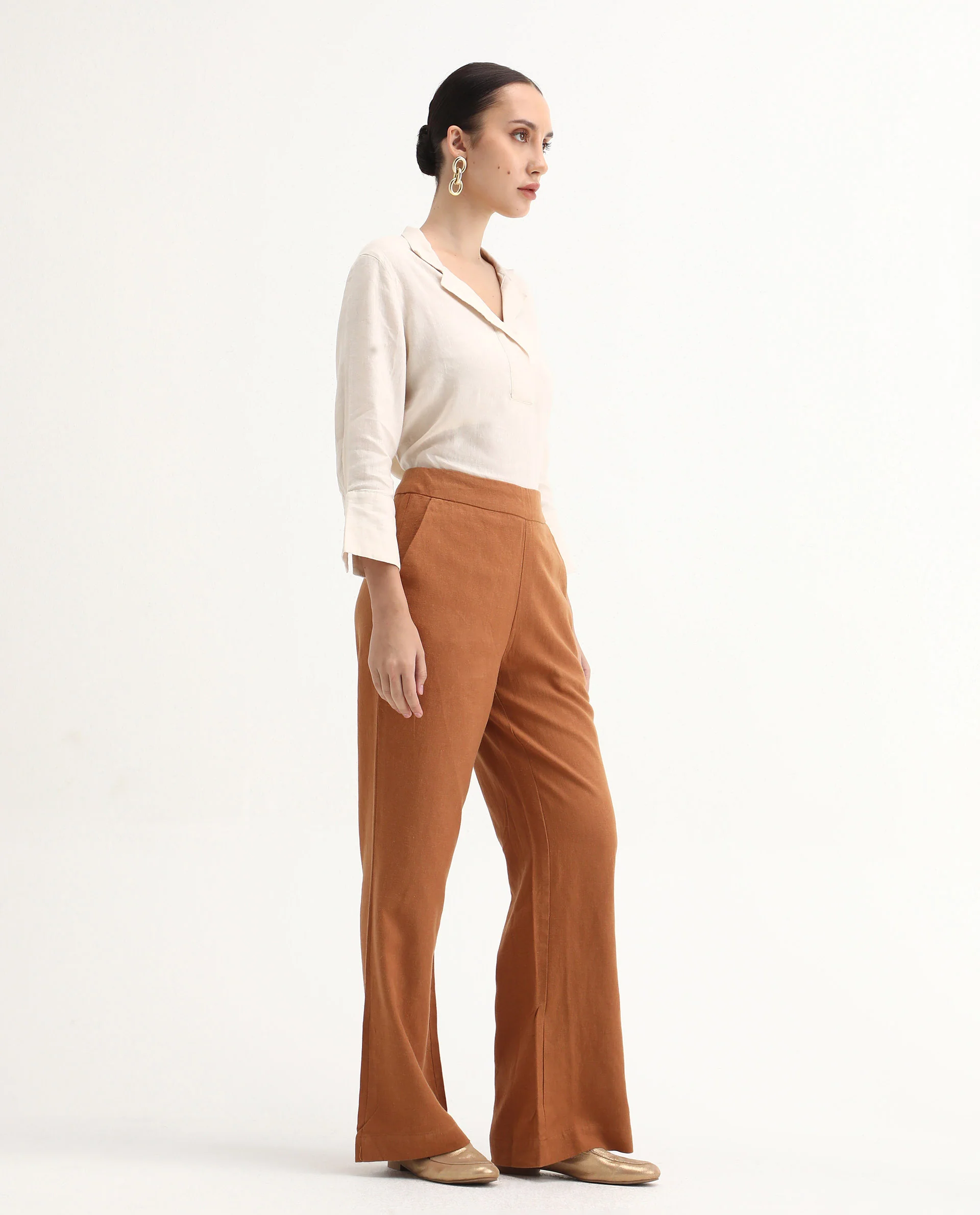 Rareism Women's Rica Pastel Orange Cotton Linen Plain Ankle Length Regular Fit Trouser - Image 7
