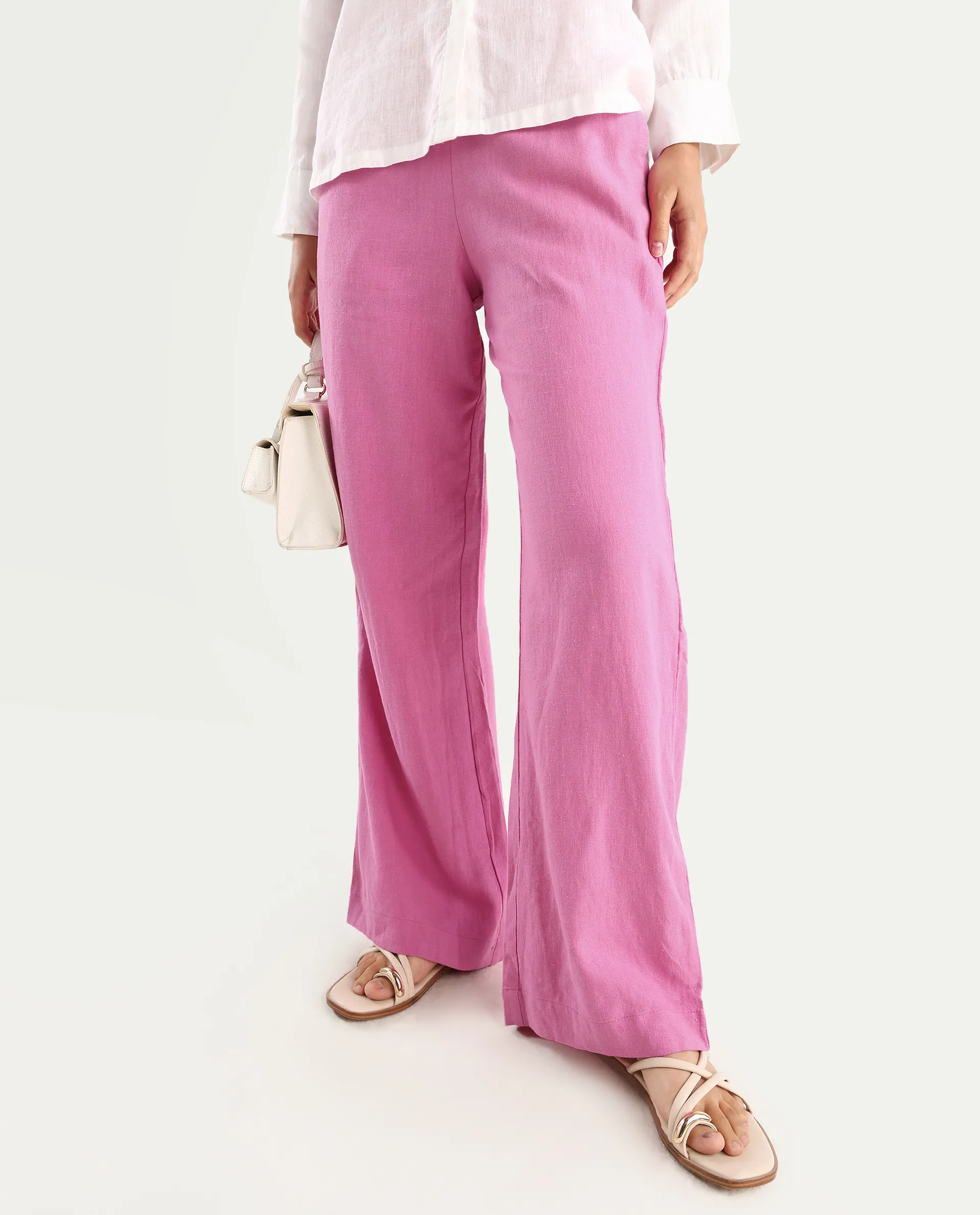 Rareism Women's Rica Pastel Pink Cotton Linen Plain Ankle Length Regular Fit Trouser - Image 2
