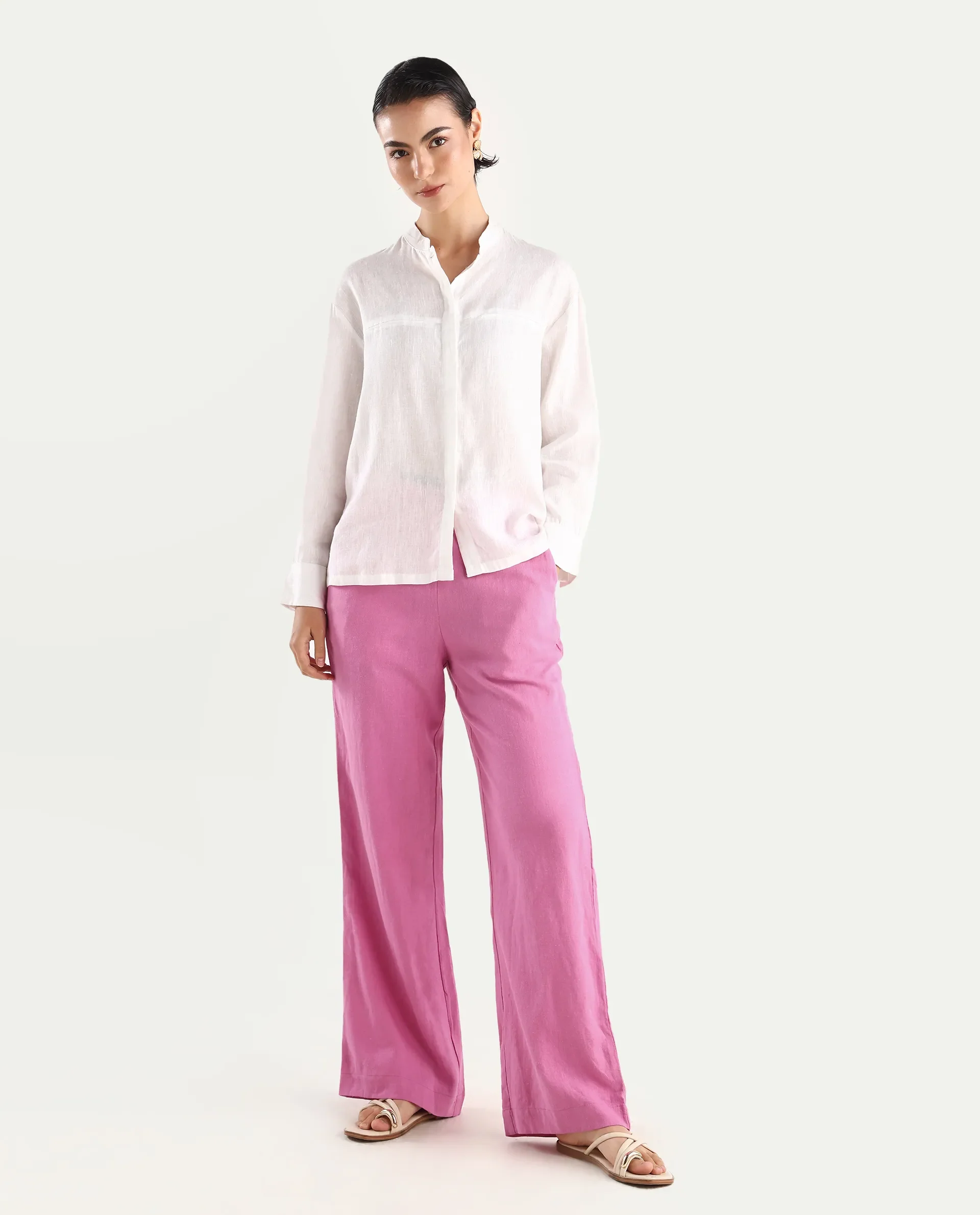 Rareism Women's Rica Pastel Pink Cotton Linen Plain Ankle Length Regular Fit Trouser - Image 3