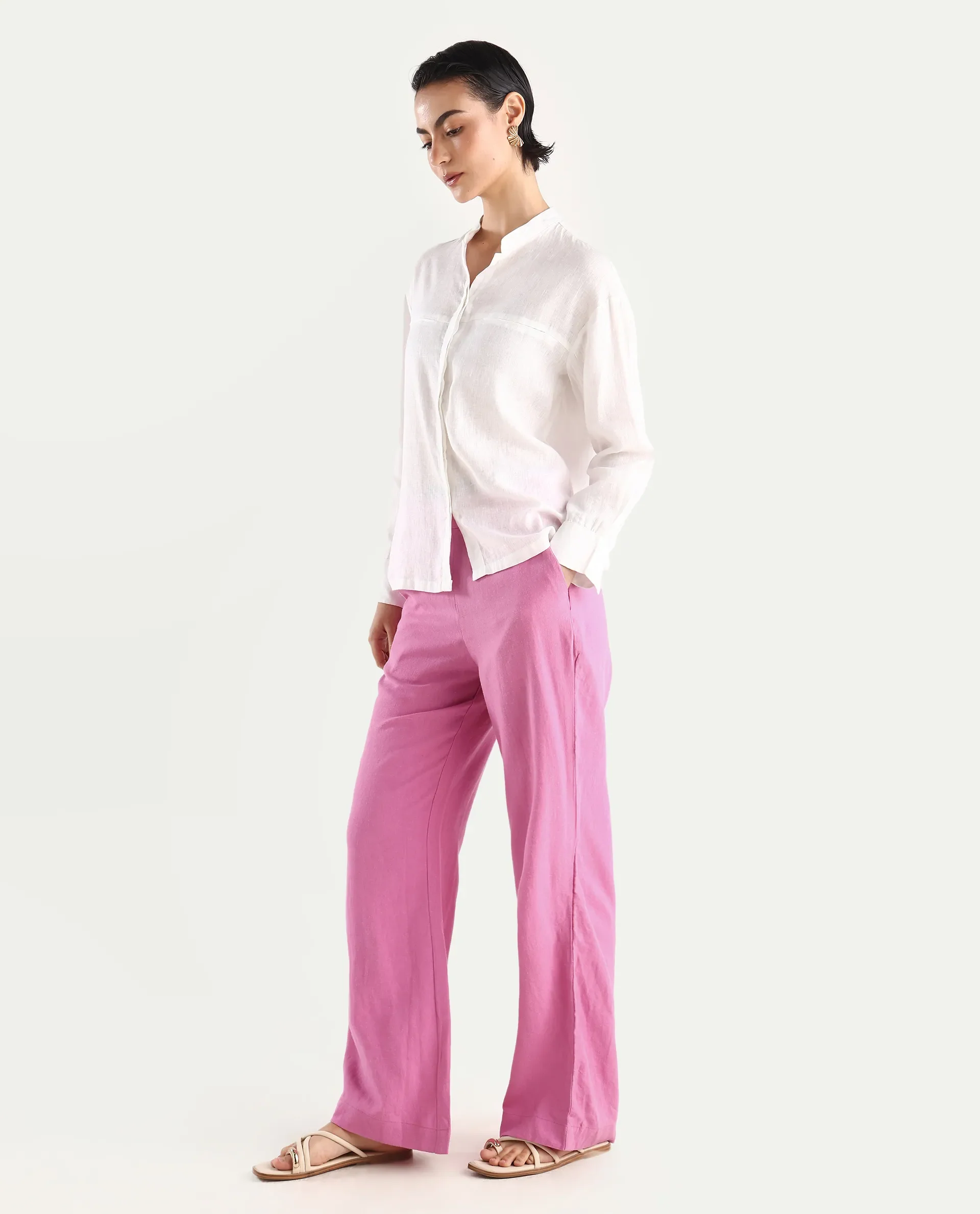 Rareism Women's Rica Pastel Pink Cotton Linen Plain Ankle Length Regular Fit Trouser - Image 5