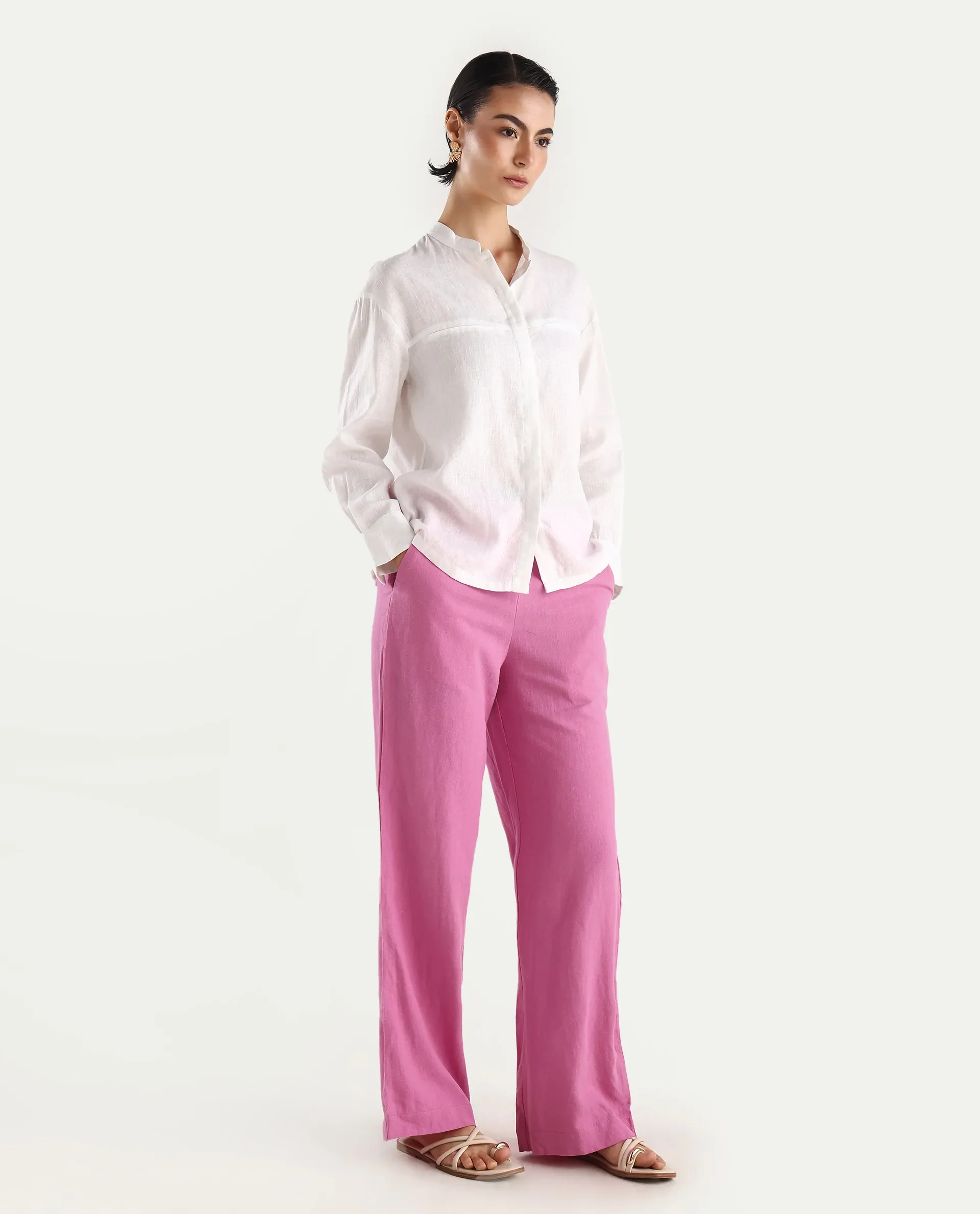Rareism Women's Rica Pastel Pink Cotton Linen Plain Ankle Length Regular Fit Trouser - Image 6