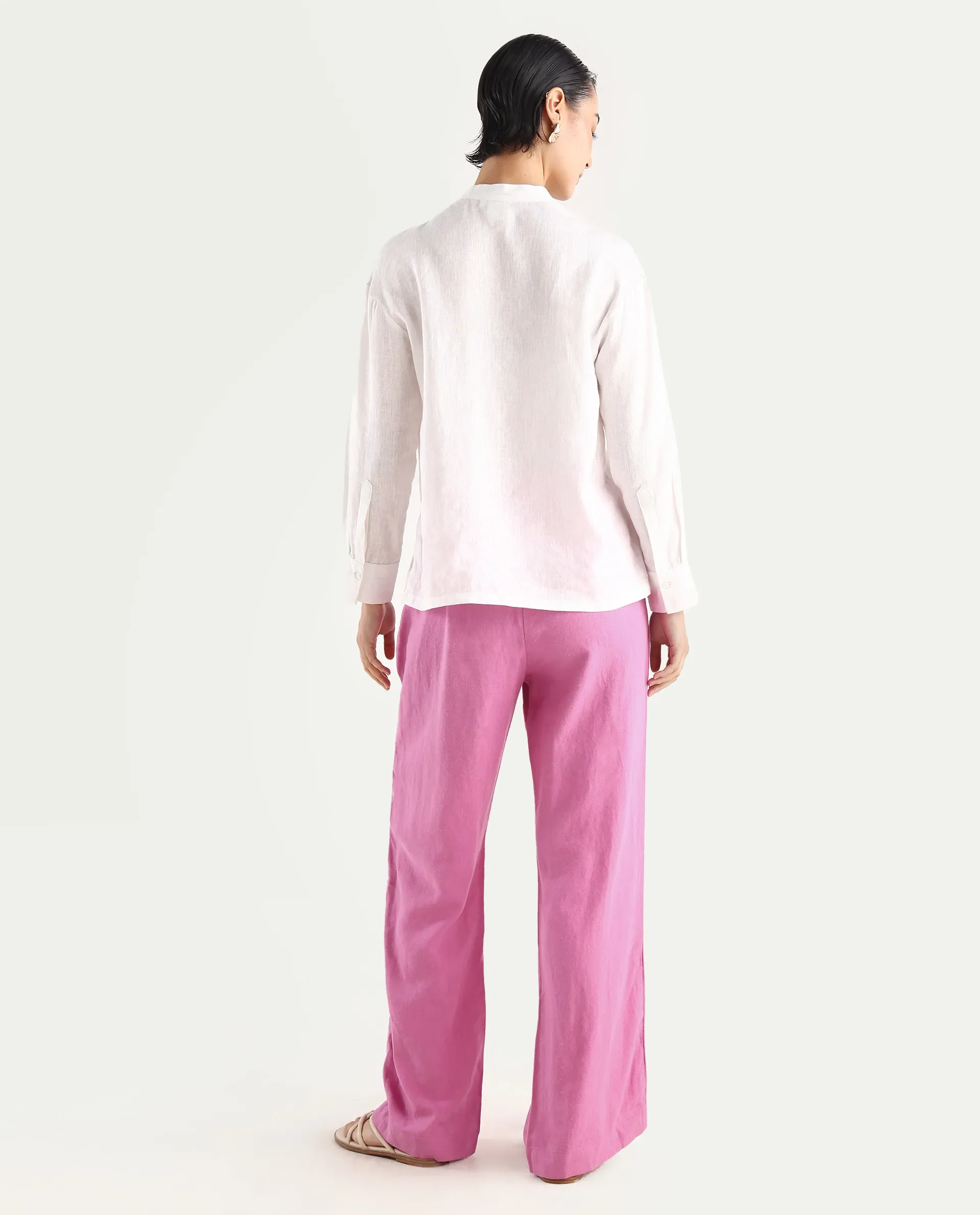 Rareism Women's Rica Pastel Pink Cotton Linen Plain Ankle Length Regular Fit Trouser - Image 7