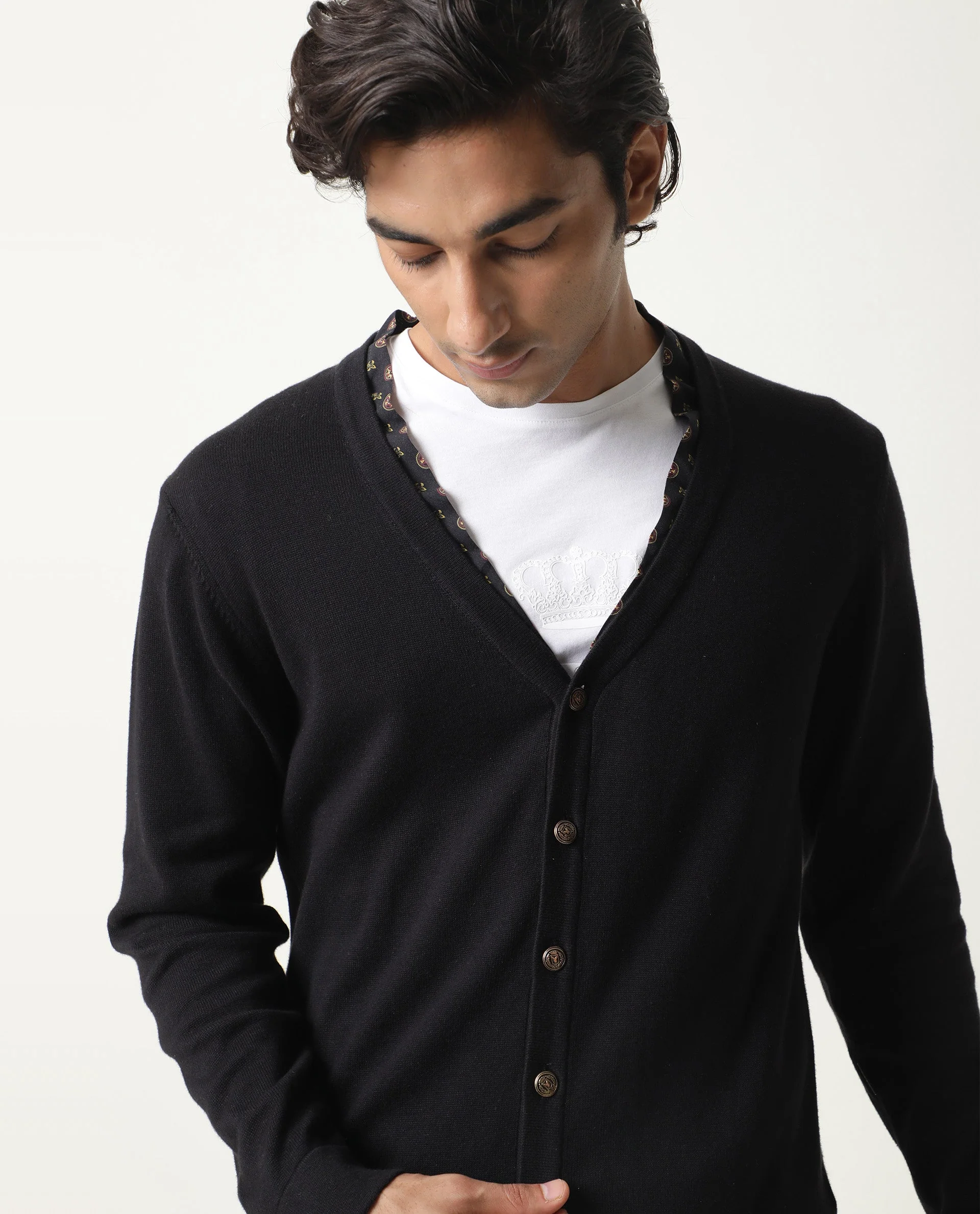 Rare Rabbit Men's Richer Black Cotton Plain Relaxed Fit Full Sleeve V-Neck Sweater