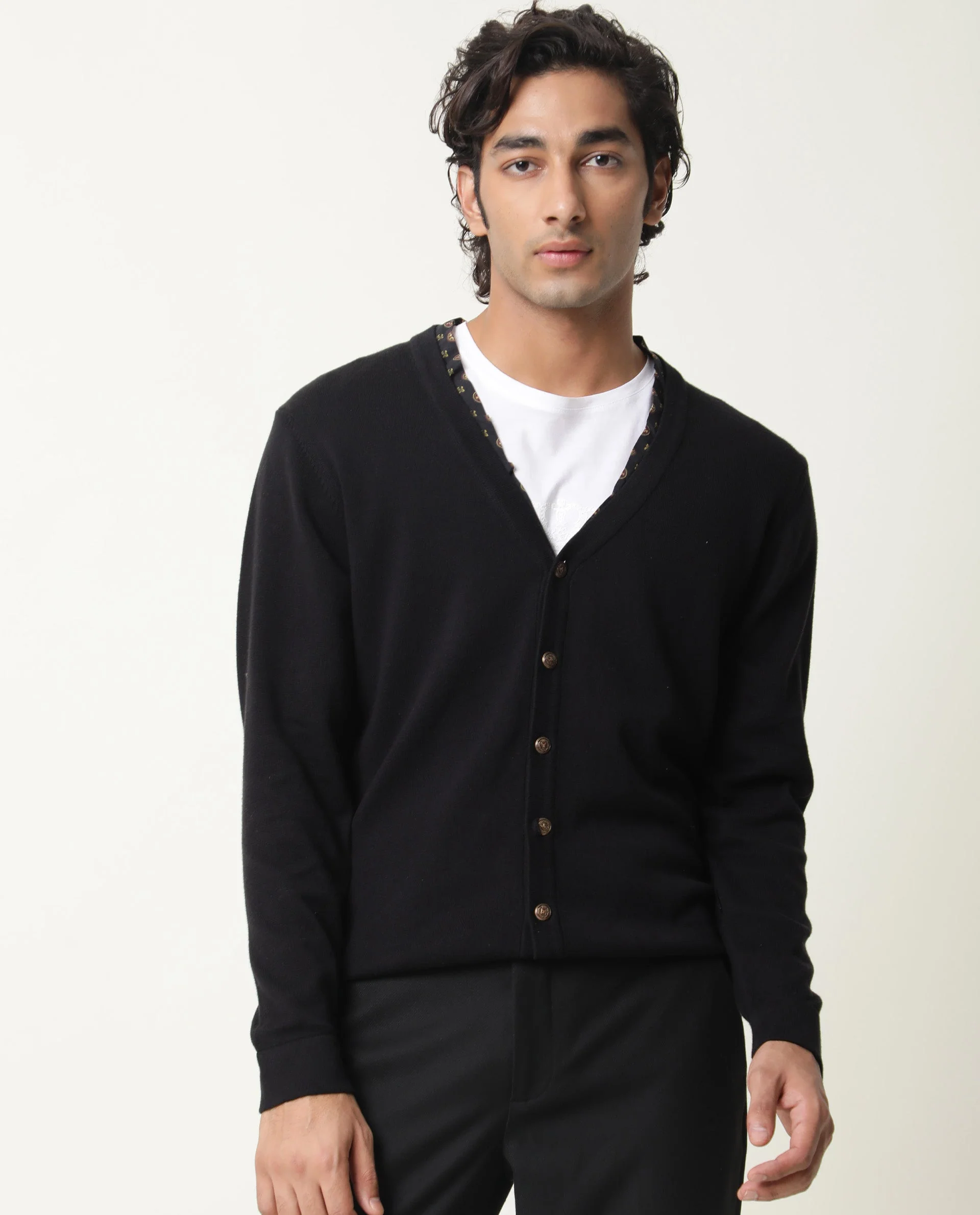 Rare Rabbit Men's Richer Black Cotton Plain Relaxed Fit Full Sleeve V-Neck Sweater - Image 2