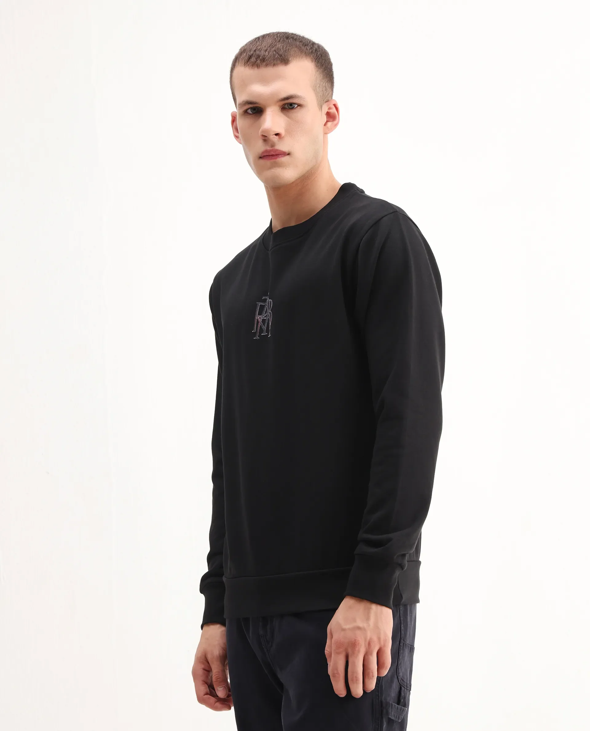 Rare Rabbit Men's Rick Black Cotton Blend Graphic Print Regular Fit Full Sleeve Crew Neck Sweatshirt - Image 4