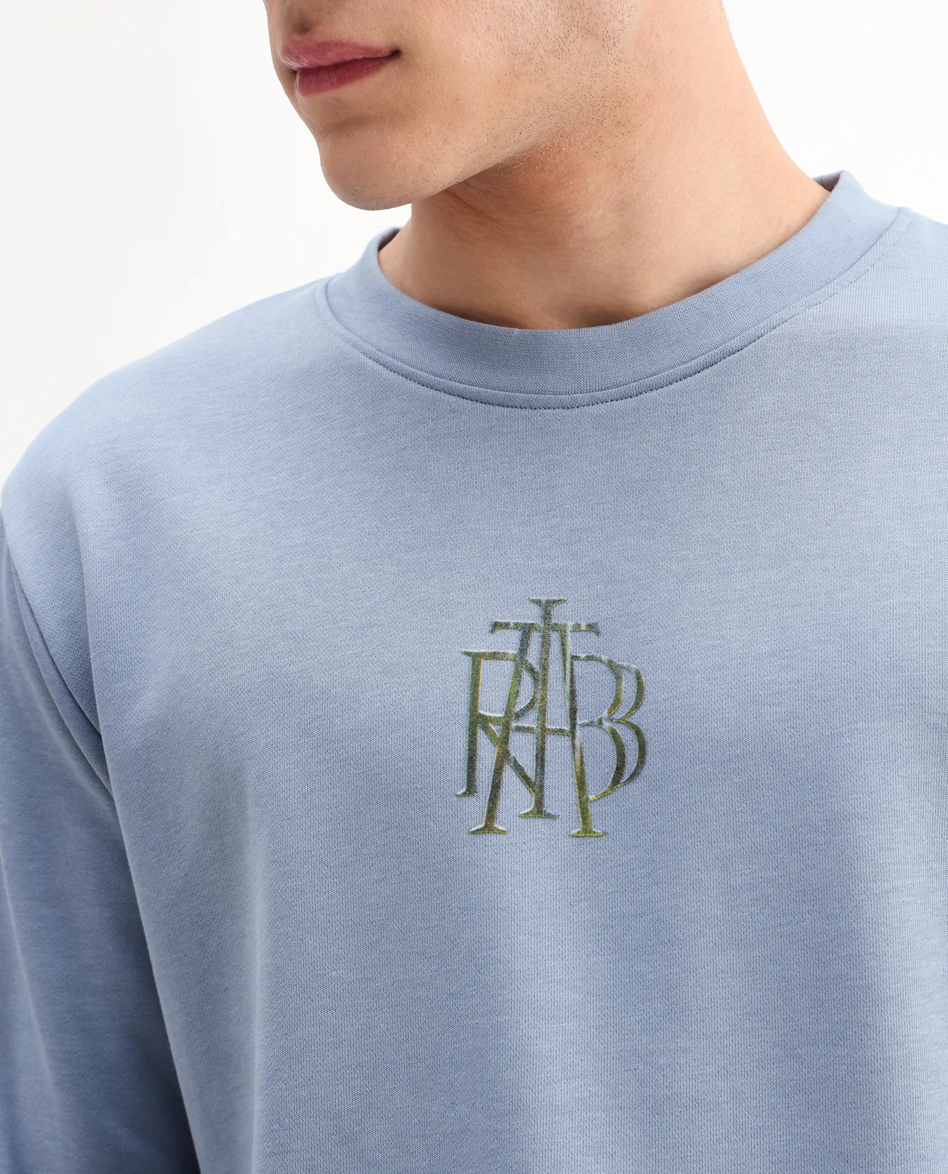 Rare Rabbit Men's Rick Dusky Blue Cotton Blend Graphic Print Regular Fit Full Sleeve Crew Neck Sweatshirt - Image 3
