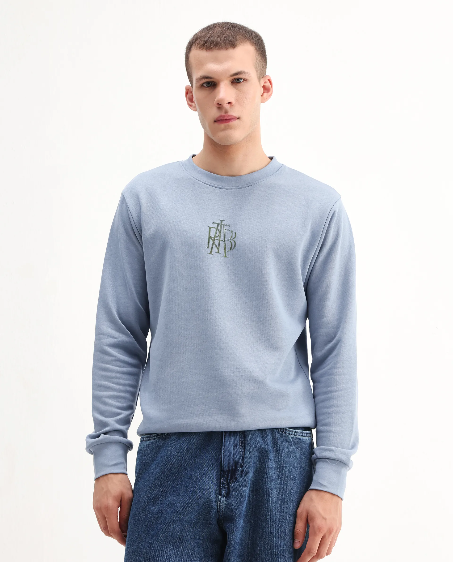 Rare Rabbit Men's Rick Dusky Blue Cotton Blend Graphic Print Regular Fit Full Sleeve Crew Neck Sweatshirt - Image 4
