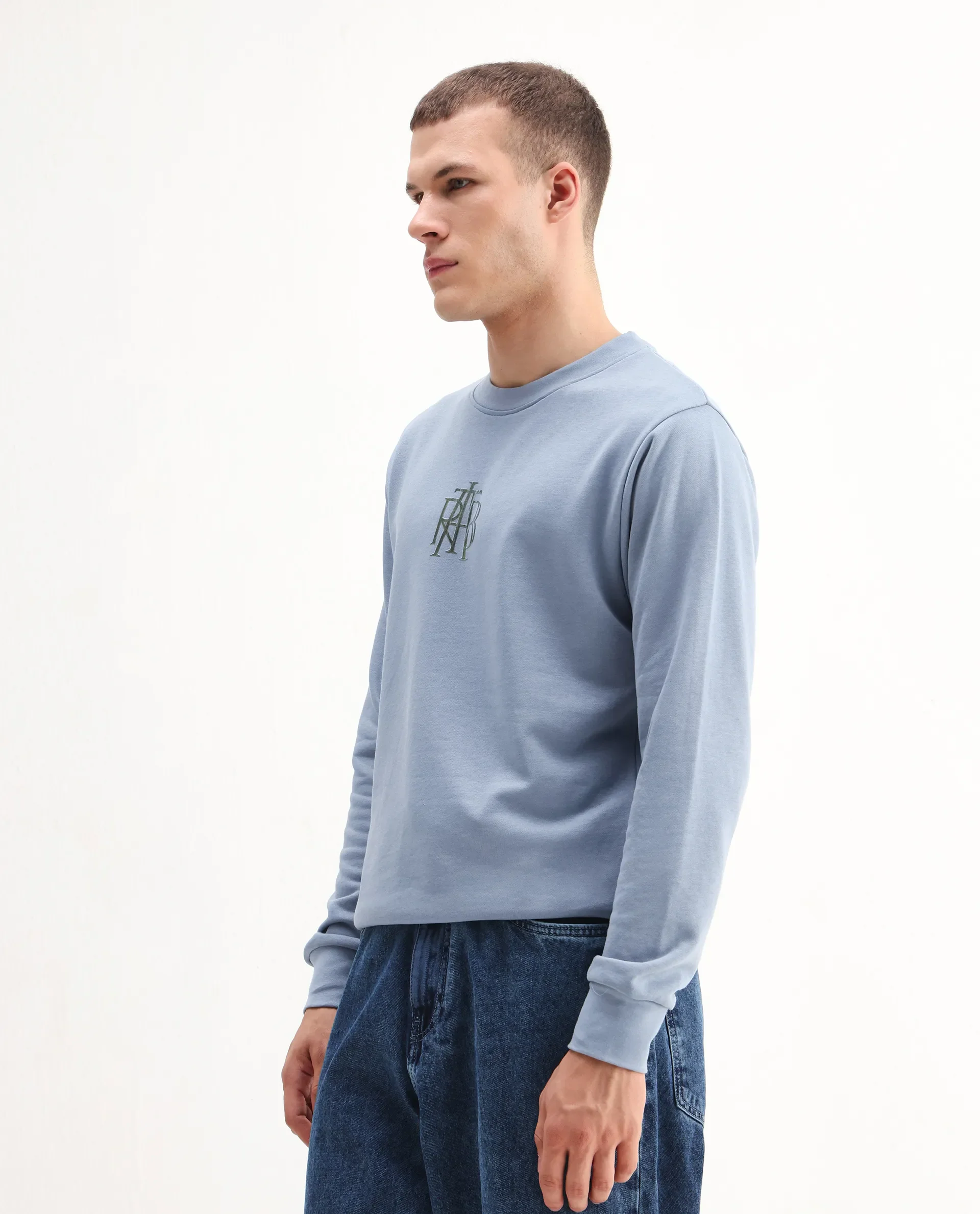 Rare Rabbit Men's Rick Dusky Blue Cotton Blend Graphic Print Regular Fit Full Sleeve Crew Neck Sweatshirt - Image 5