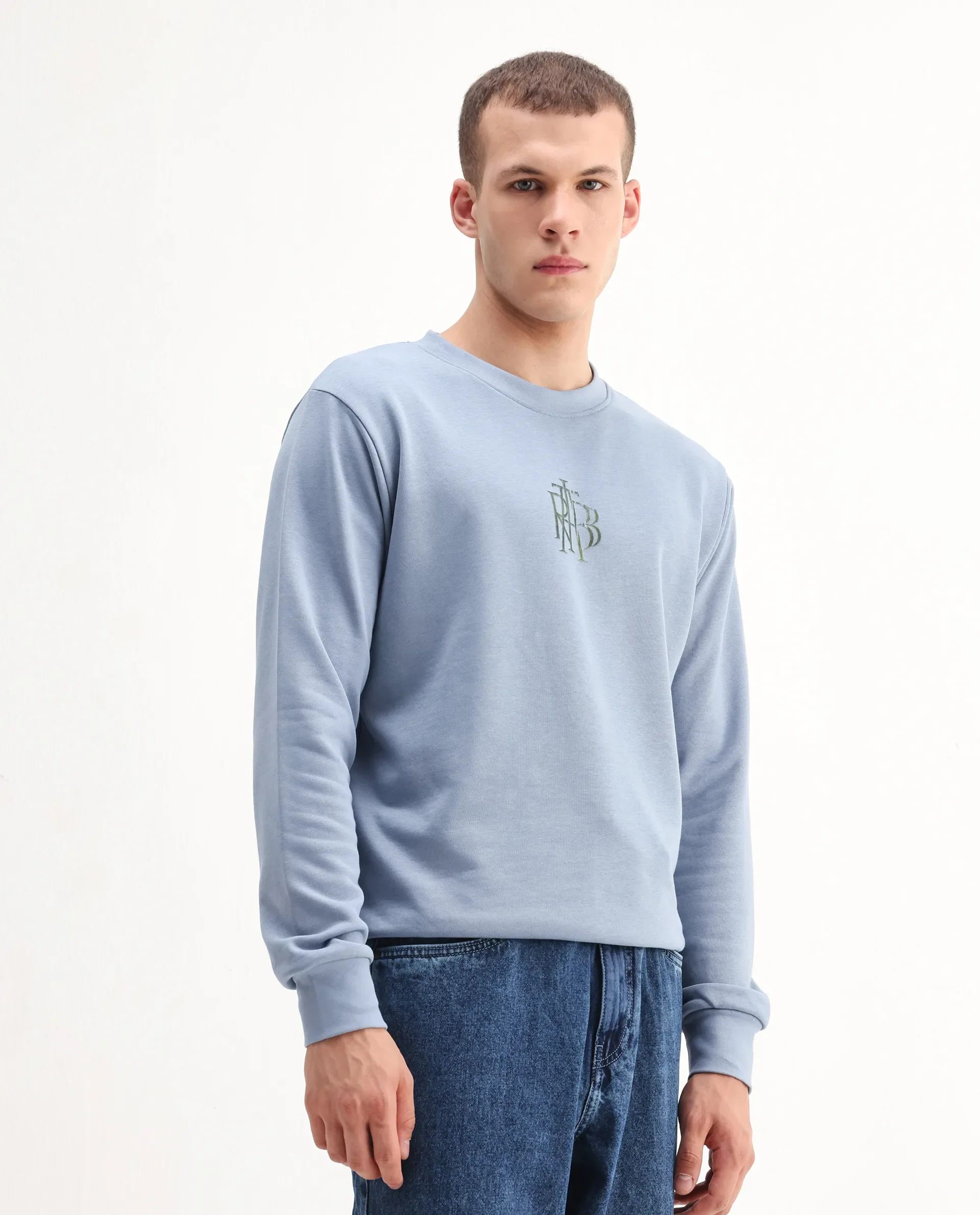 Rare Rabbit Men's Rick Dusky Blue Cotton Blend Graphic Print Regular Fit Full Sleeve Crew Neck Sweatshirt - Image 6