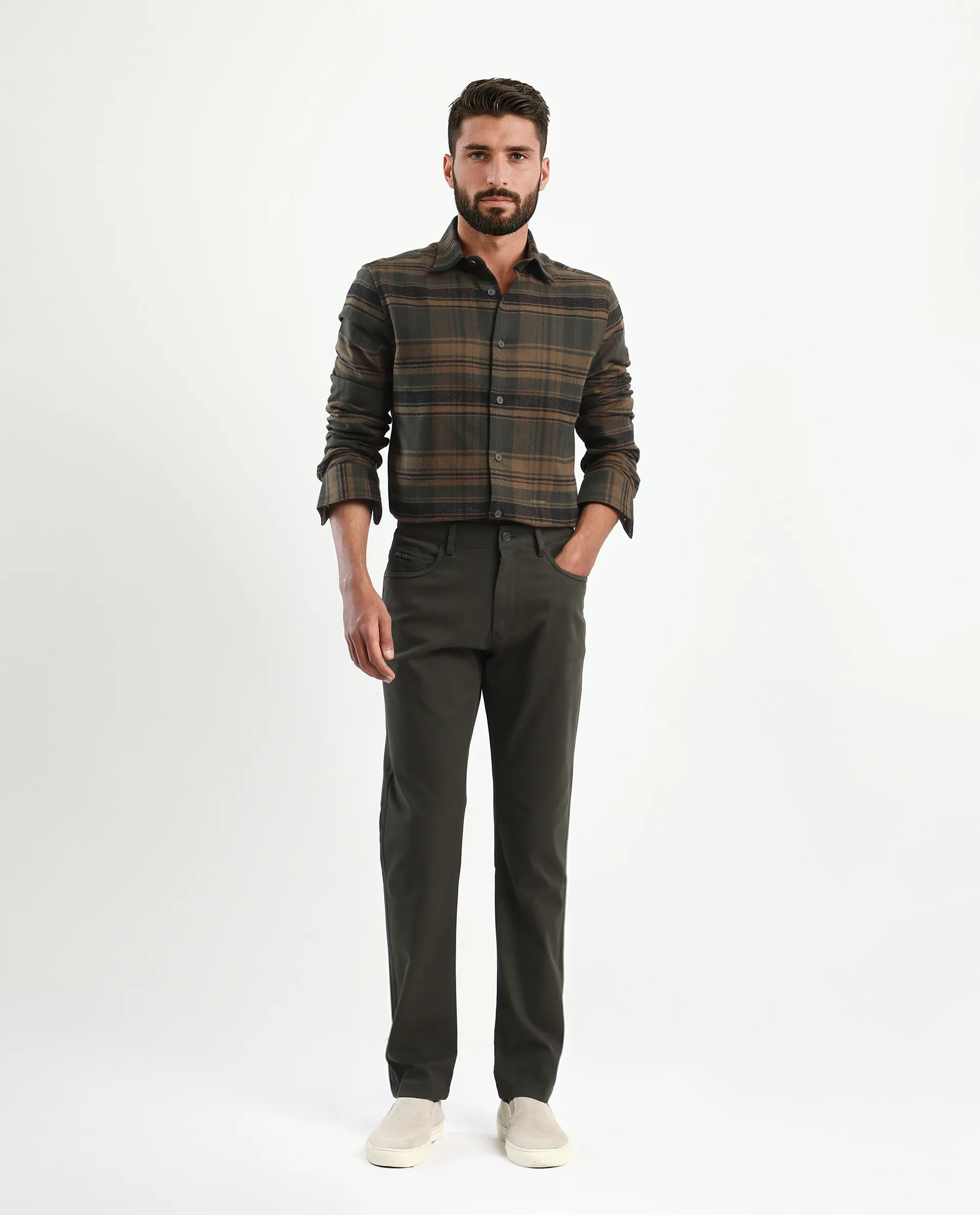 Rare Rabbit Men's Ricl Brown Cotton Checked Print Regular Fit Full Sleeve Collared Shirt - Image 2