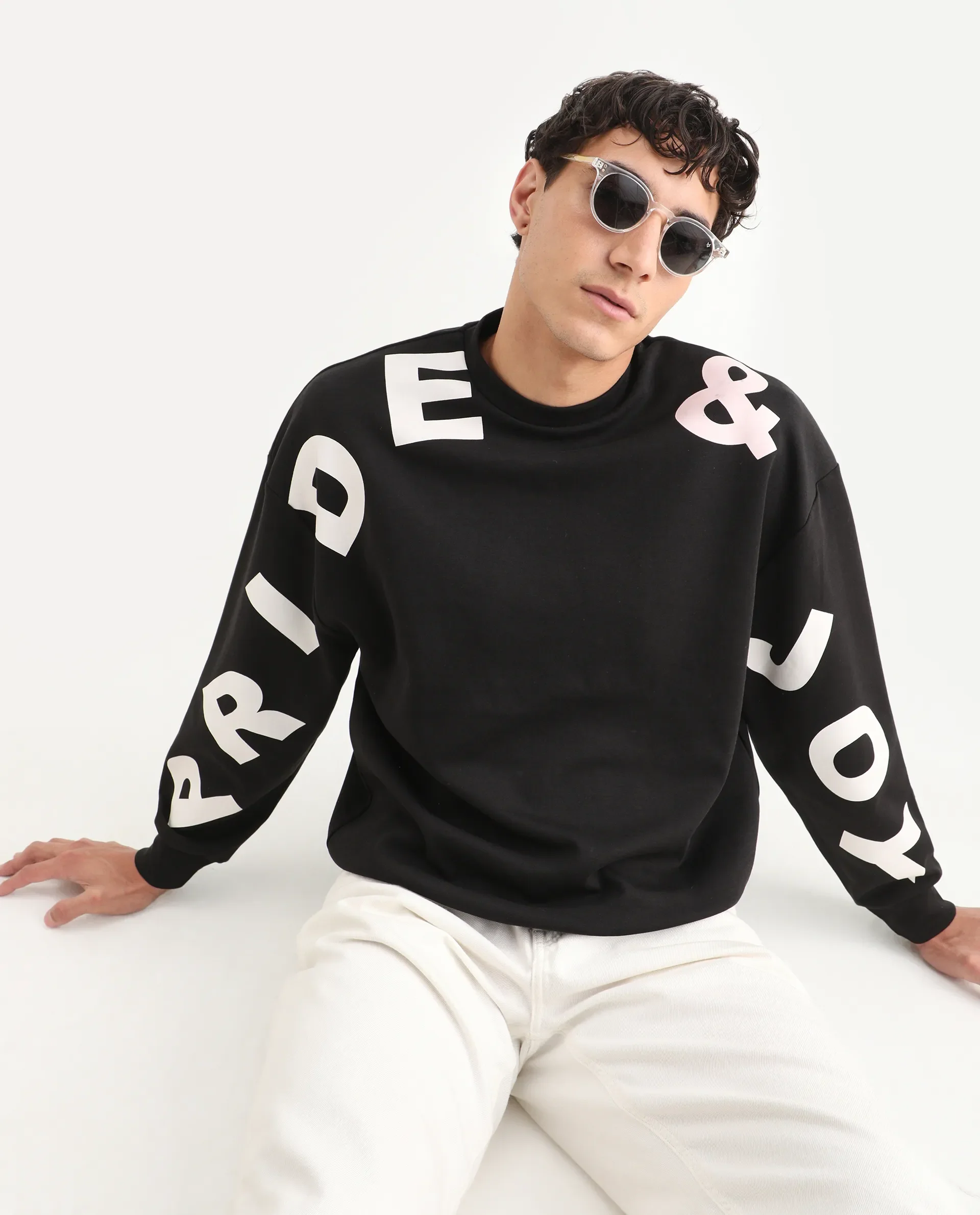 Rare Rabbit Men's Ricot Black Cotton Blend Typography Print Boxy Fit Full Sleeve Crew Neck Sweatshirt
