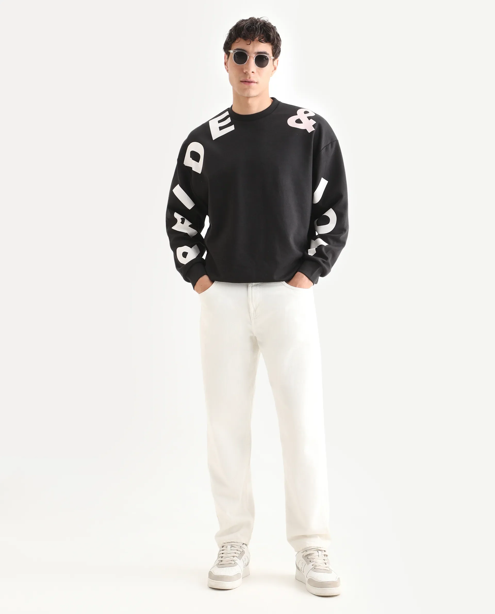 Rare Rabbit Men's Ricot Black Cotton Blend Typography Print Boxy Fit Full Sleeve Crew Neck Sweatshirt - Image 2