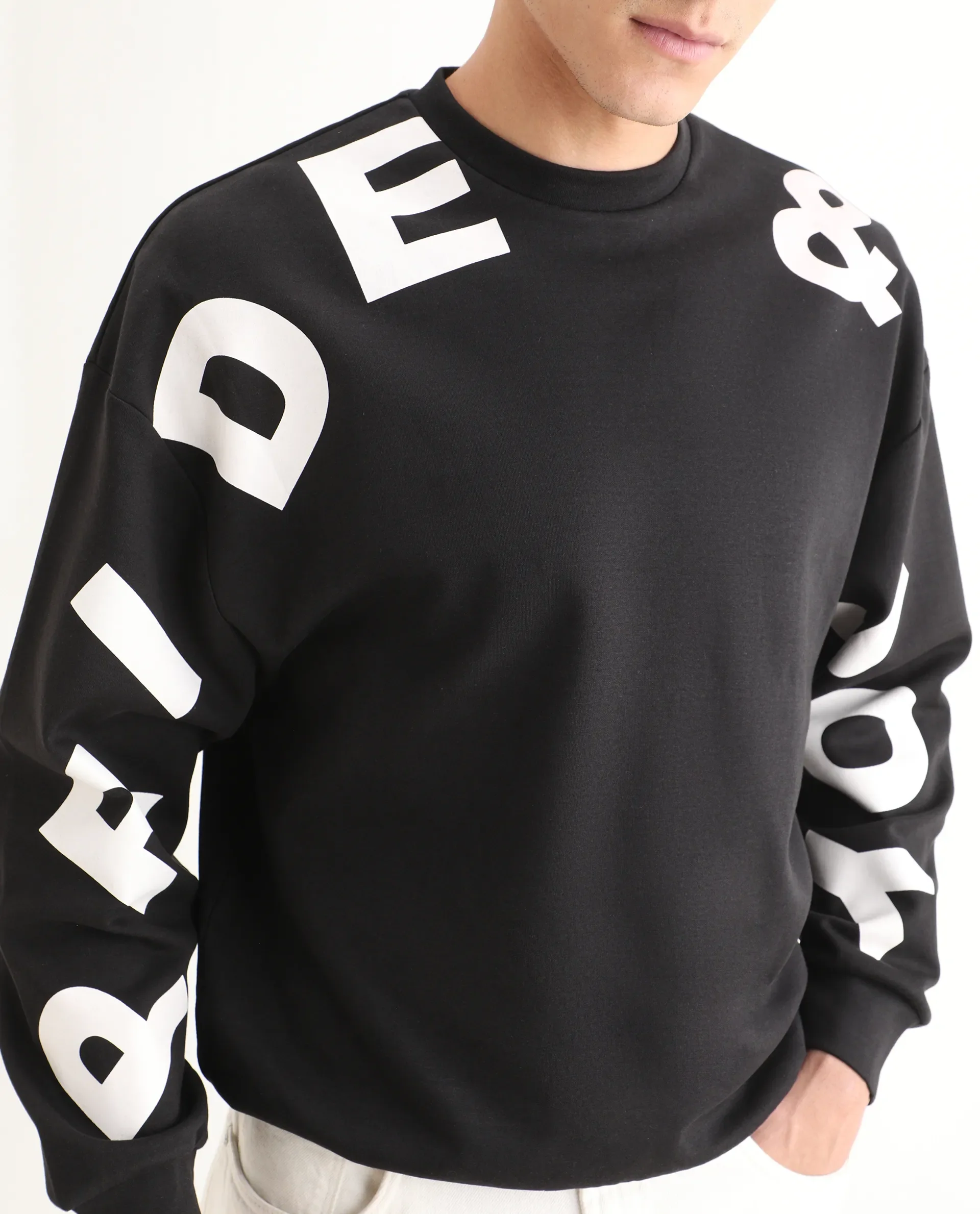Rare Rabbit Men's Ricot Black Cotton Blend Typography Print Boxy Fit Full Sleeve Crew Neck Sweatshirt - Image 3