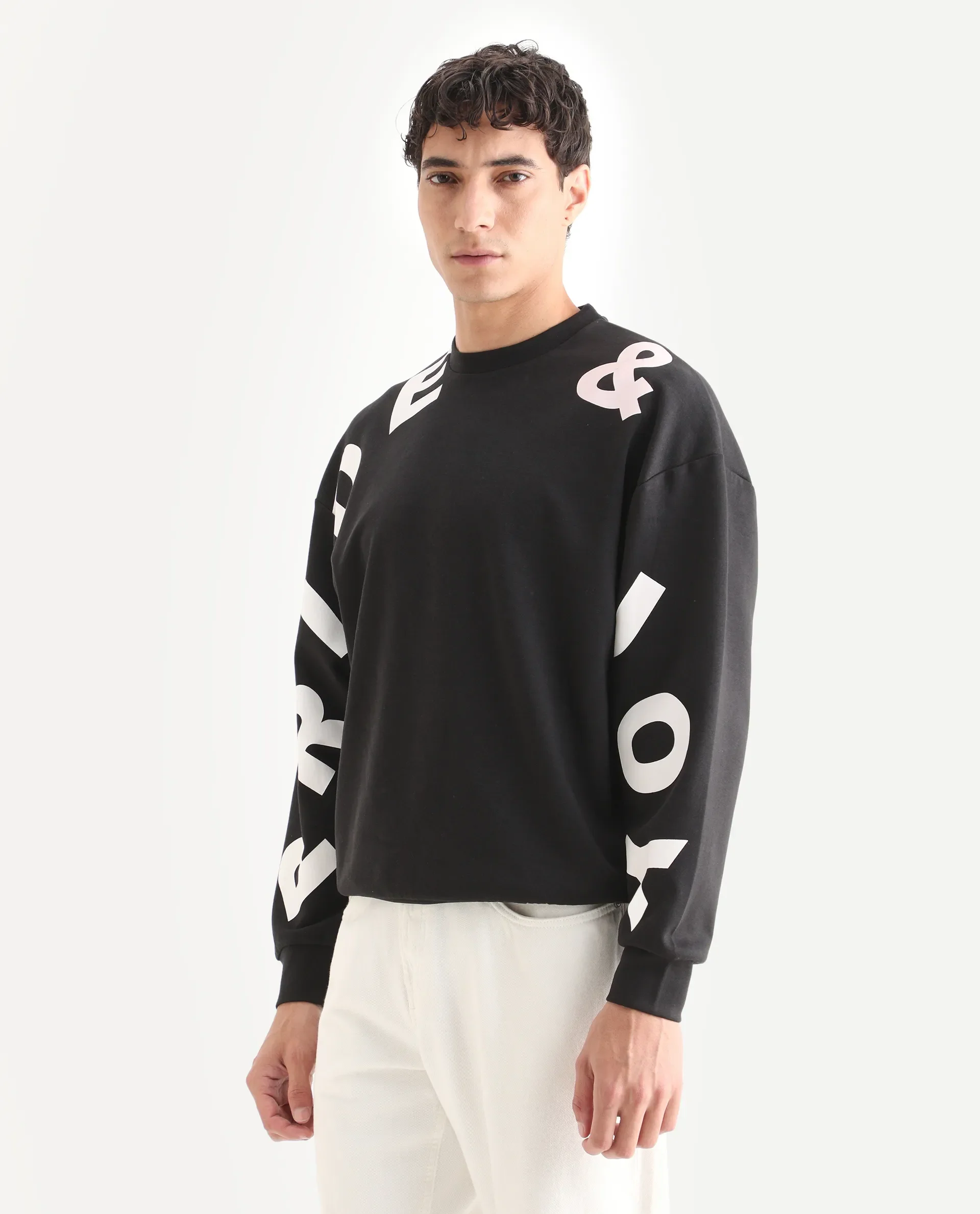 Rare Rabbit Men's Ricot Black Cotton Blend Typography Print Boxy Fit Full Sleeve Crew Neck Sweatshirt - Image 4