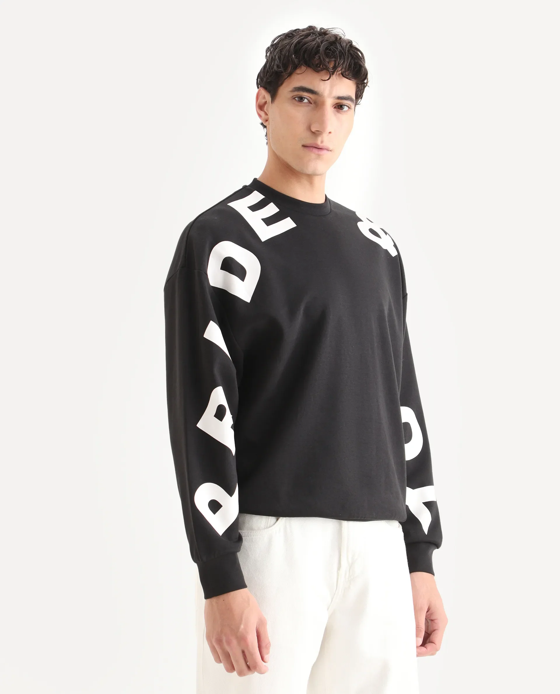Rare Rabbit Men's Ricot Black Cotton Blend Typography Print Boxy Fit Full Sleeve Crew Neck Sweatshirt - Image 5