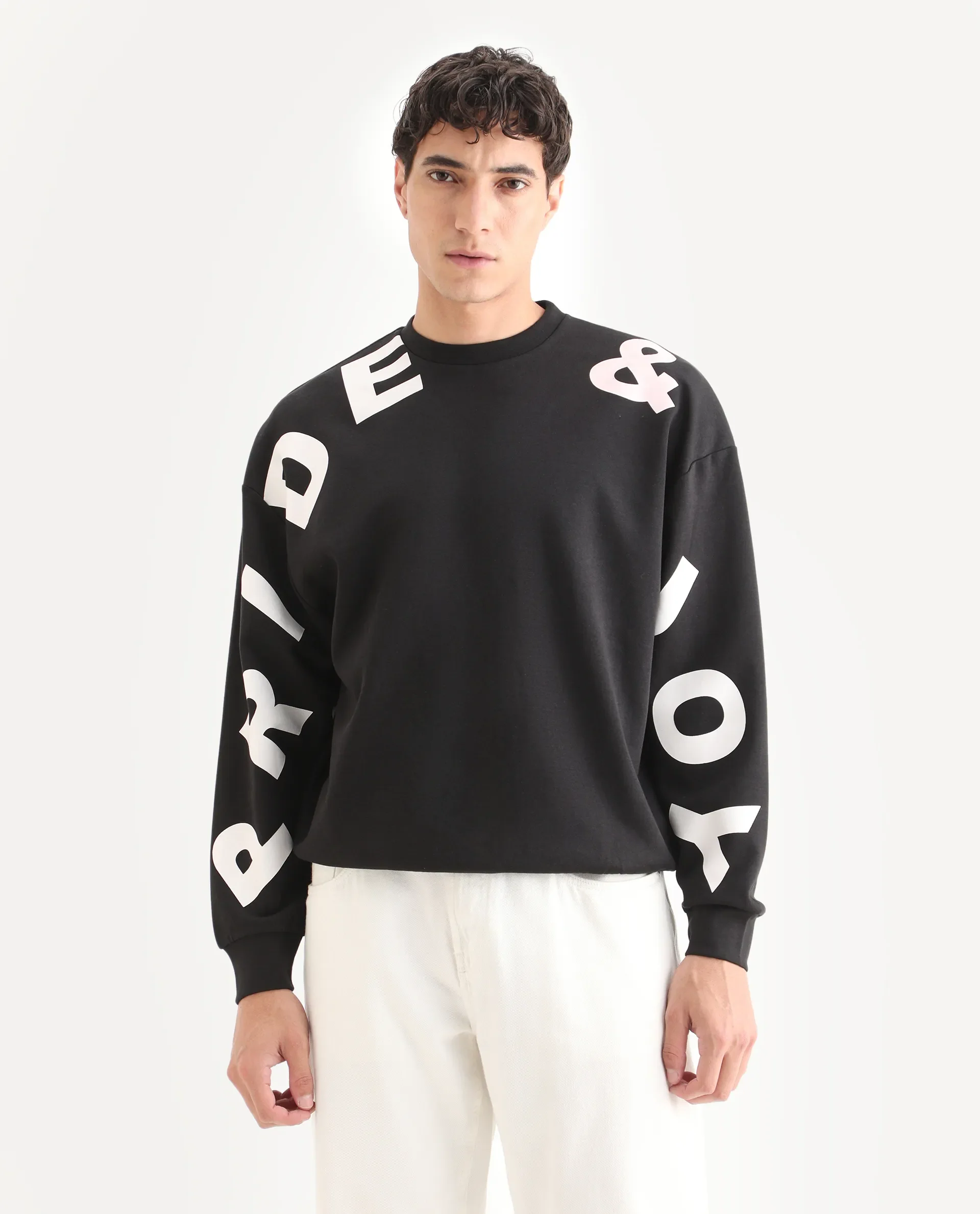 Rare Rabbit Men's Ricot Black Cotton Blend Typography Print Boxy Fit Full Sleeve Crew Neck Sweatshirt - Image 6