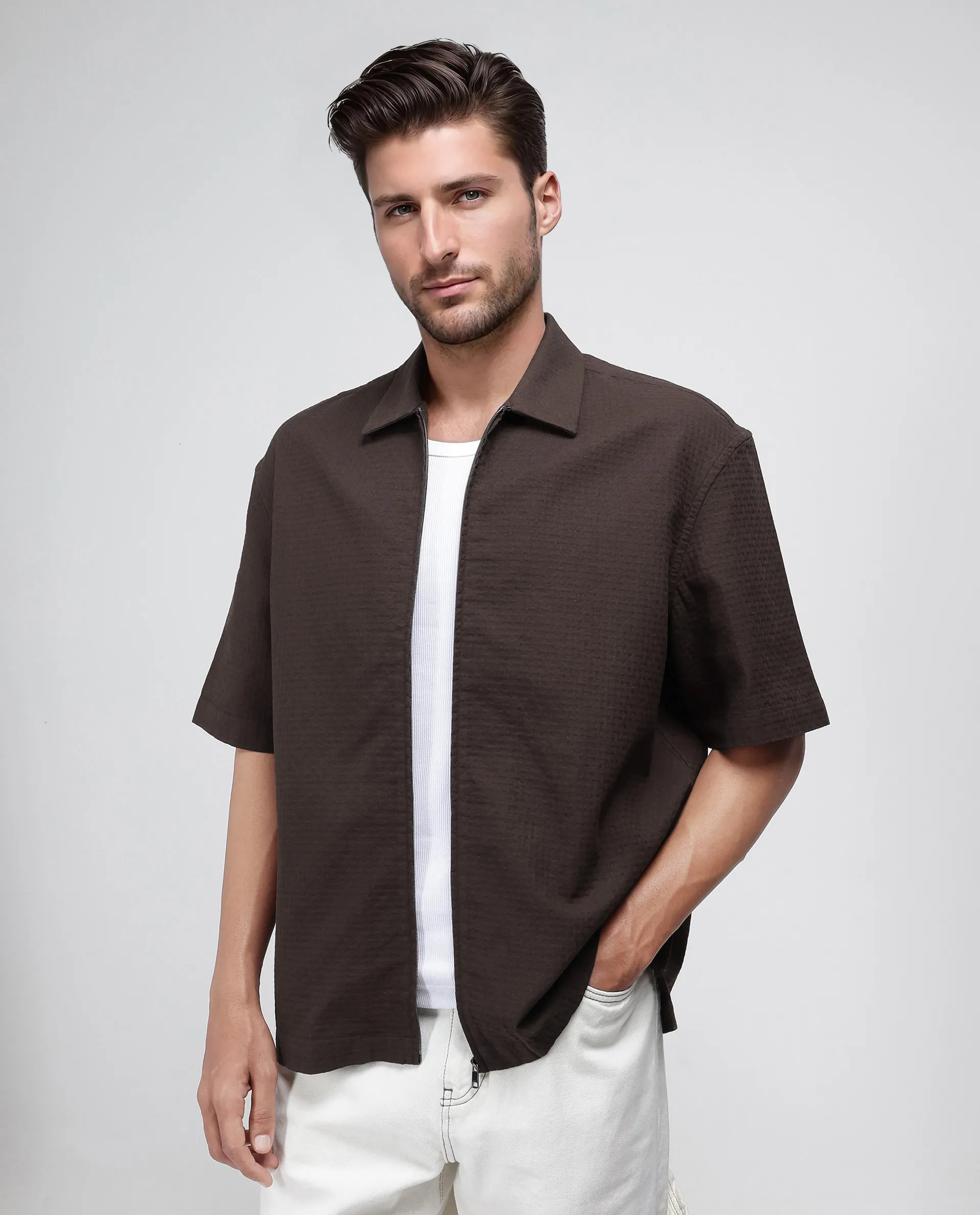 Rare Rabbit Men's Rics Dark Brown Cotton Textured Boxy Fit Half Sleeve Collared Shirt