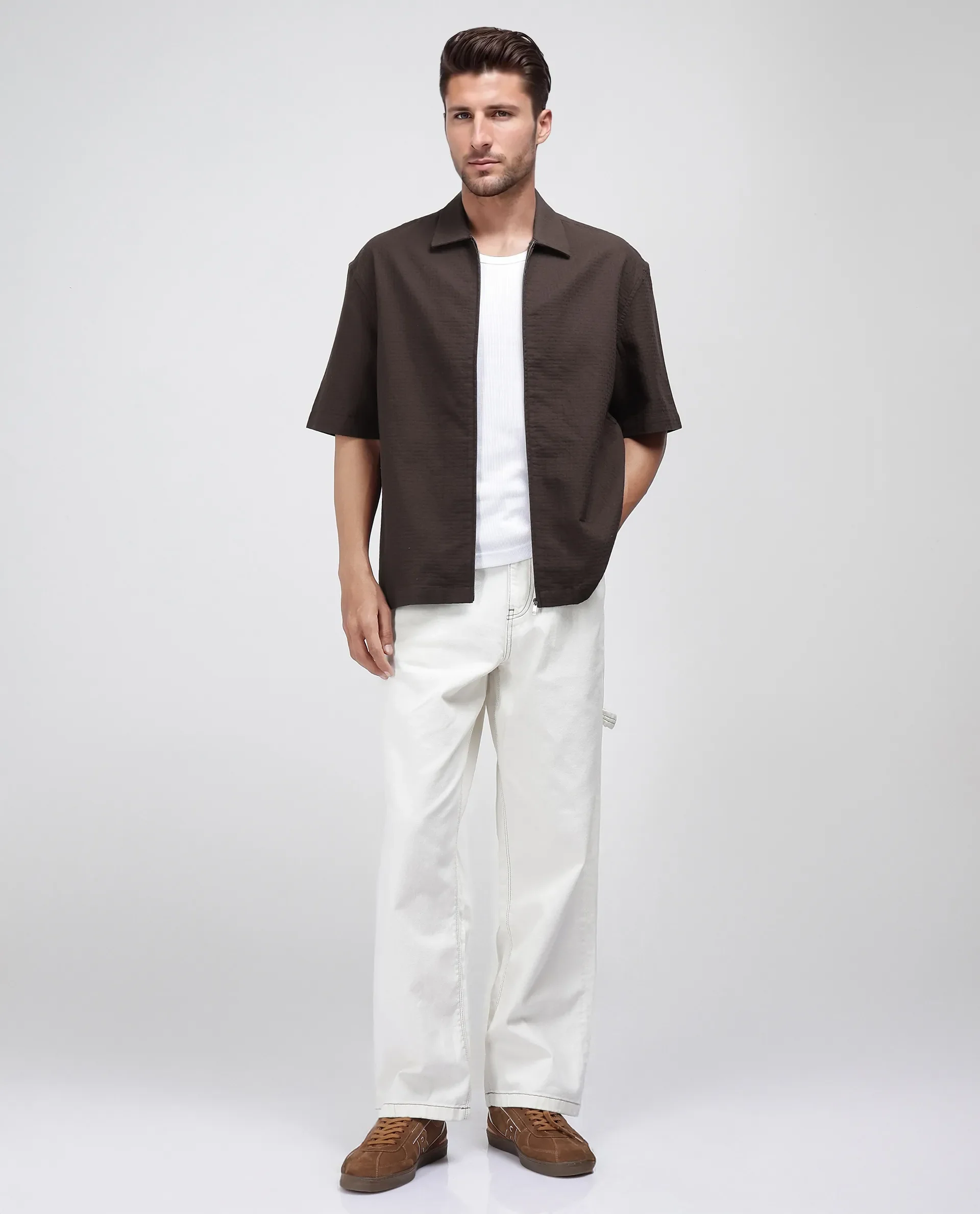 Rare Rabbit Men's Rics Dark Brown Cotton Textured Boxy Fit Half Sleeve Collared Shirt - Image 2