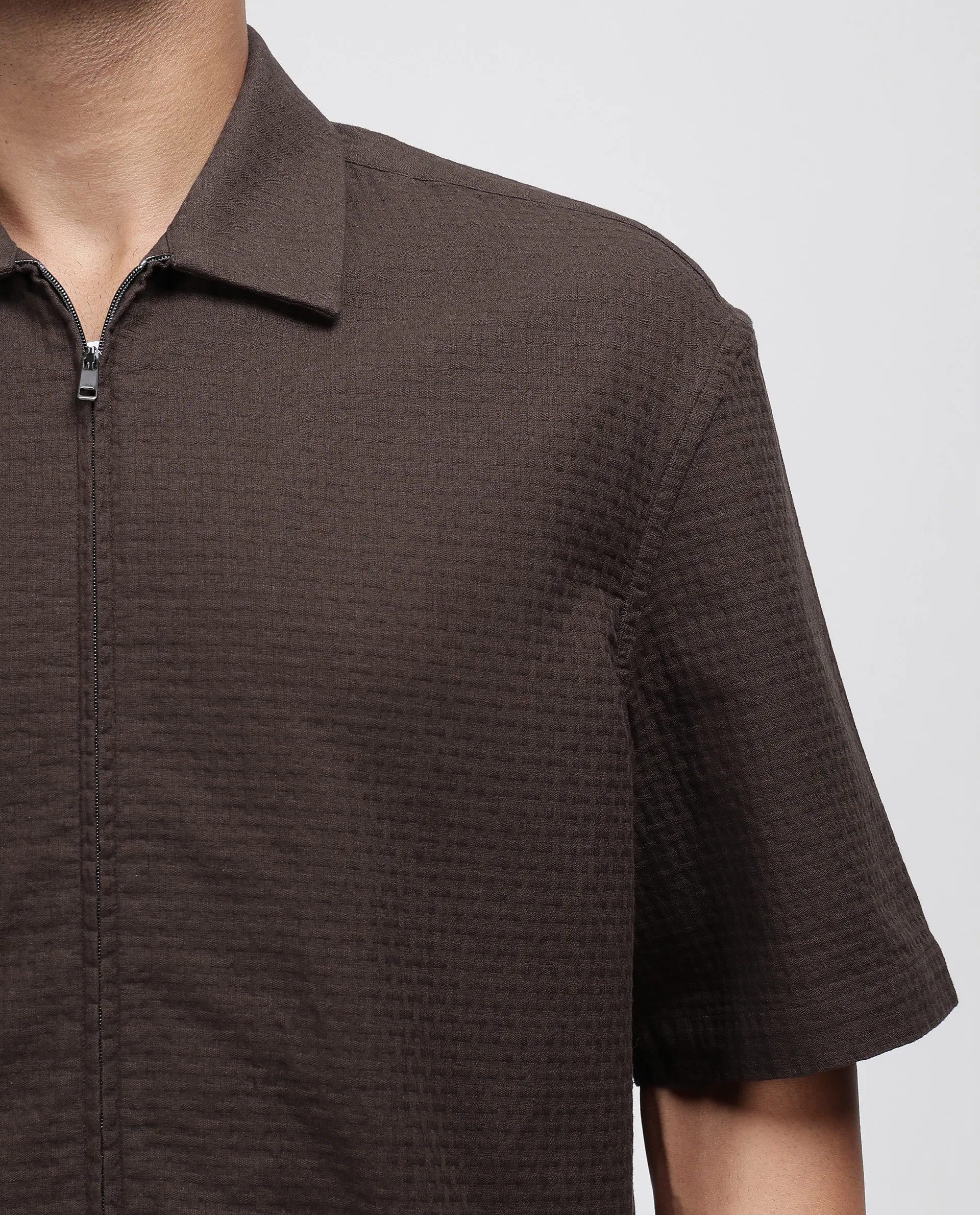 Rare Rabbit Men's Rics Dark Brown Cotton Textured Boxy Fit Half Sleeve Collared Shirt - Image 3