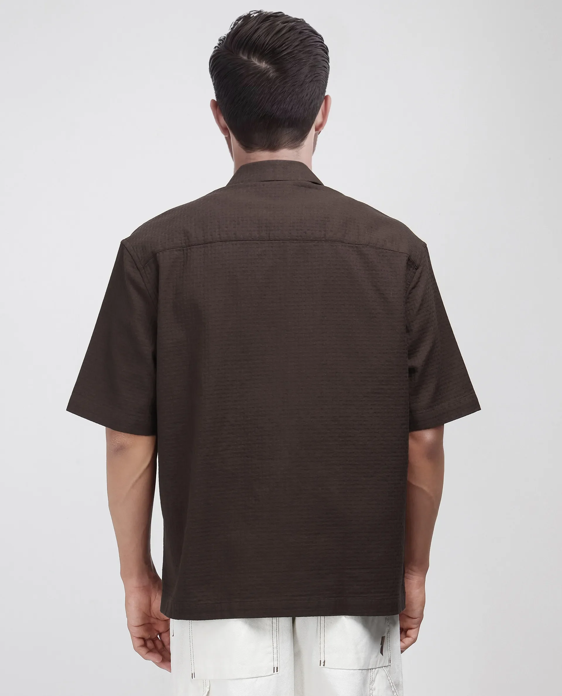 Rare Rabbit Men's Rics Dark Brown Cotton Textured Boxy Fit Half Sleeve Collared Shirt - Image 4