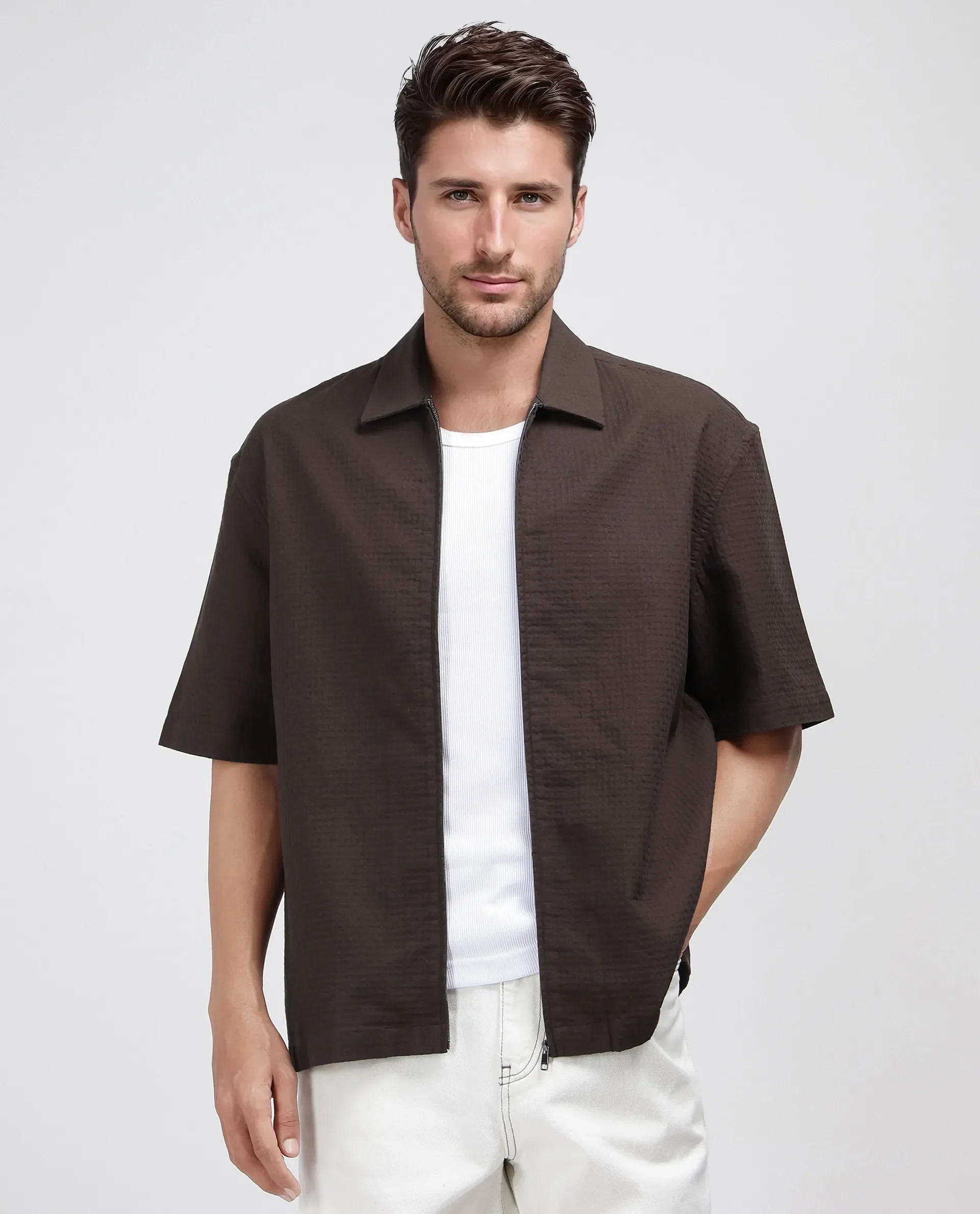 Rare Rabbit Men's Rics Dark Brown Cotton Textured Boxy Fit Half Sleeve Collared Shirt - Image 5
