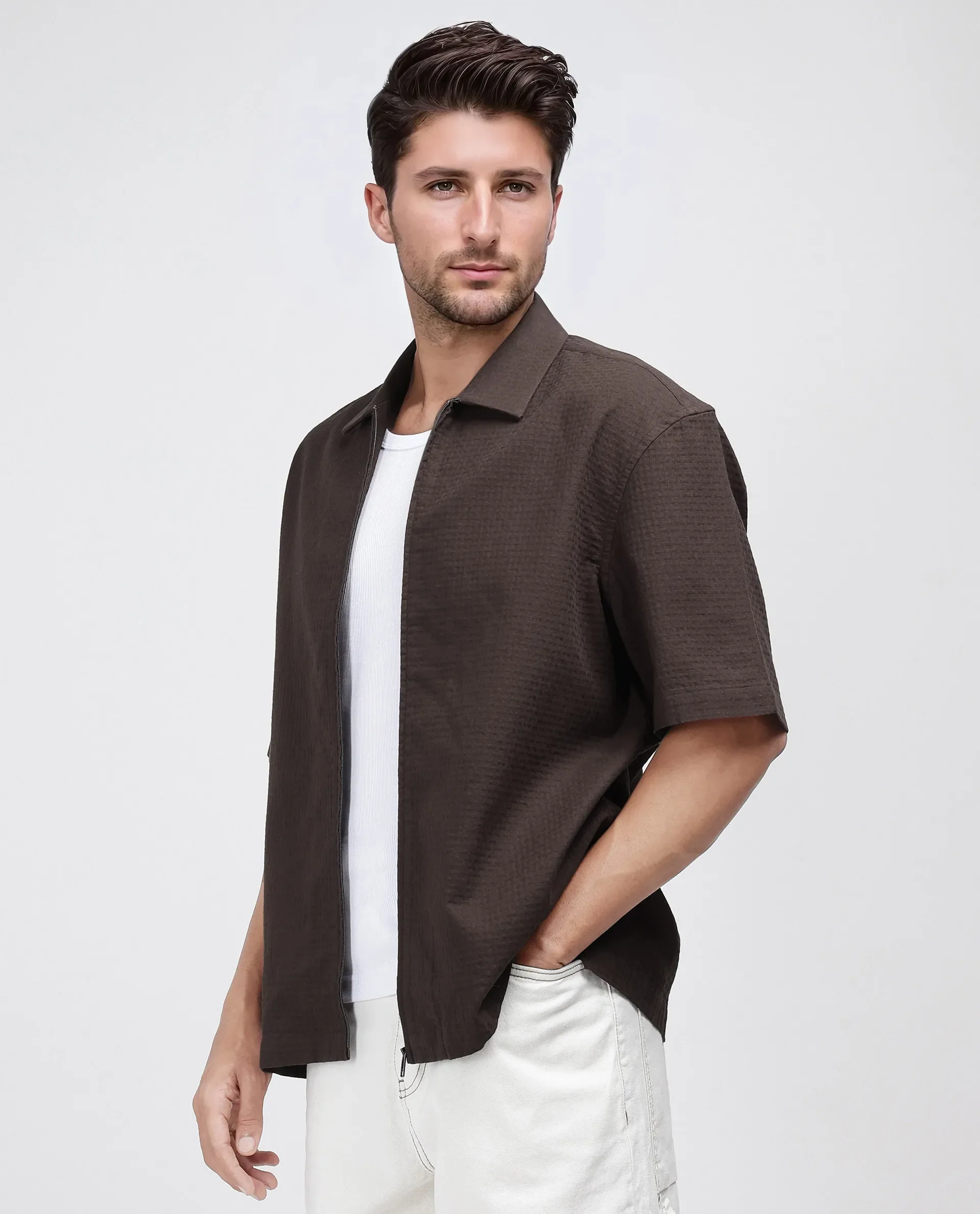 Rare Rabbit Men's Rics Dark Brown Cotton Textured Boxy Fit Half Sleeve Collared Shirt - Image 6