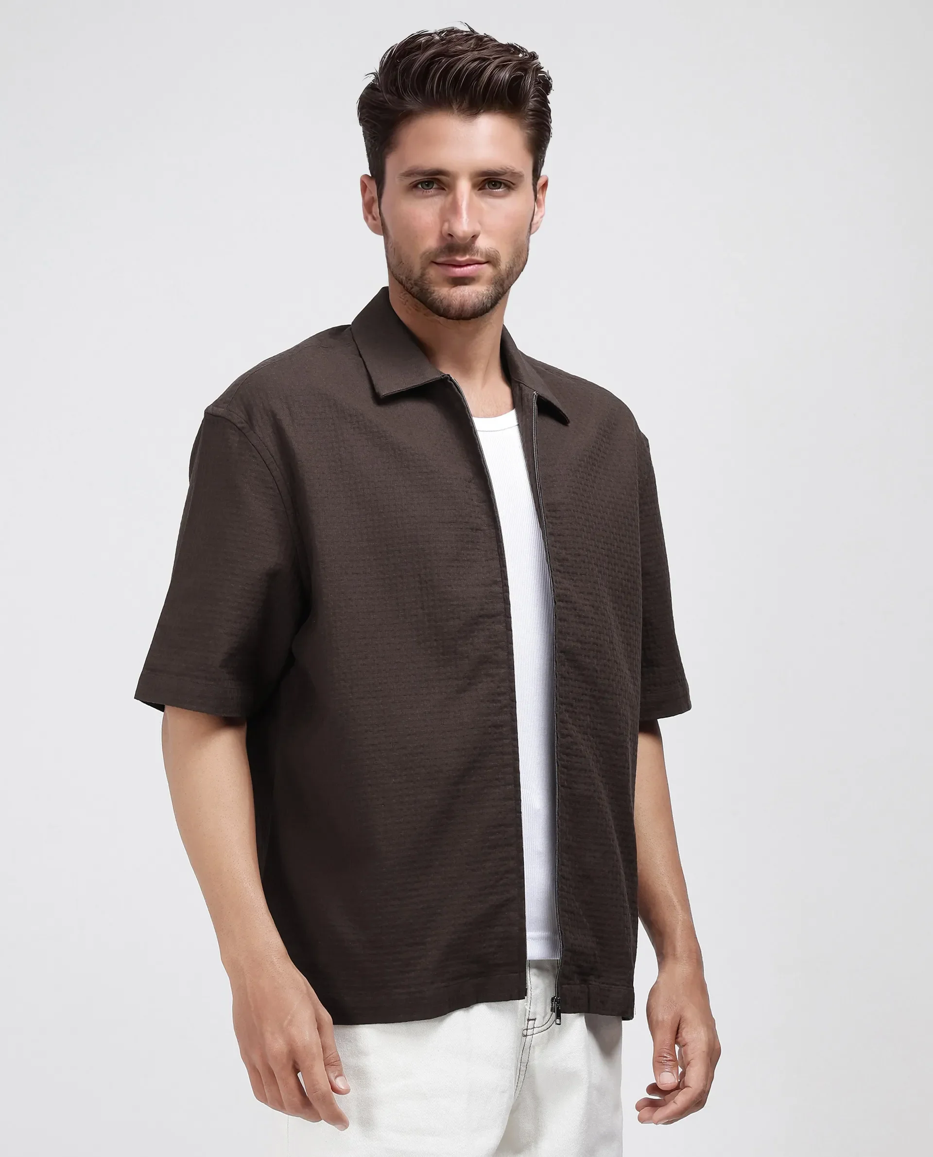 Rare Rabbit Men's Rics Dark Brown Cotton Textured Boxy Fit Half Sleeve Collared Shirt - Image 7