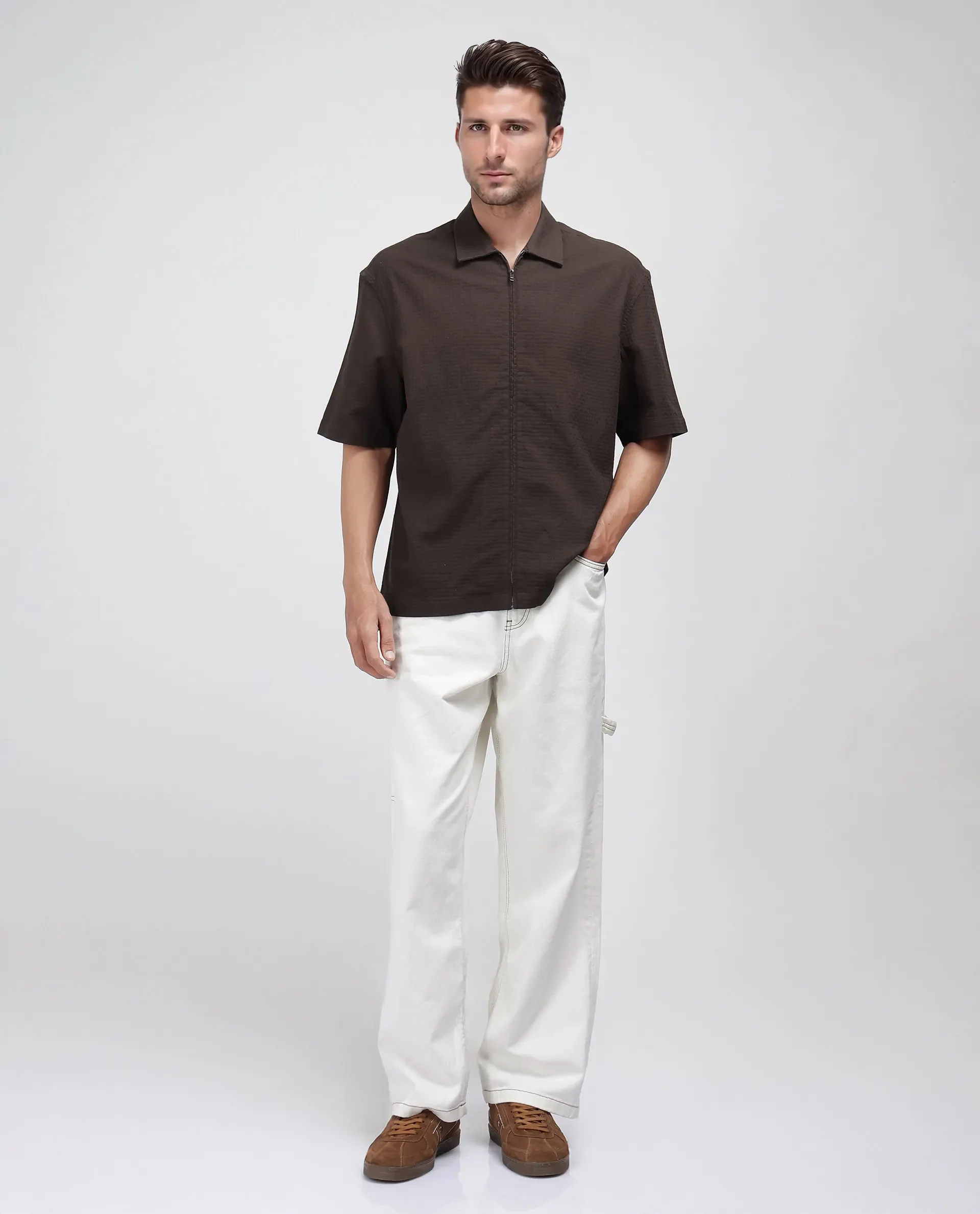Rare Rabbit Men's Rics Dark Brown Cotton Textured Boxy Fit Half Sleeve Collared Shirt - Image 8