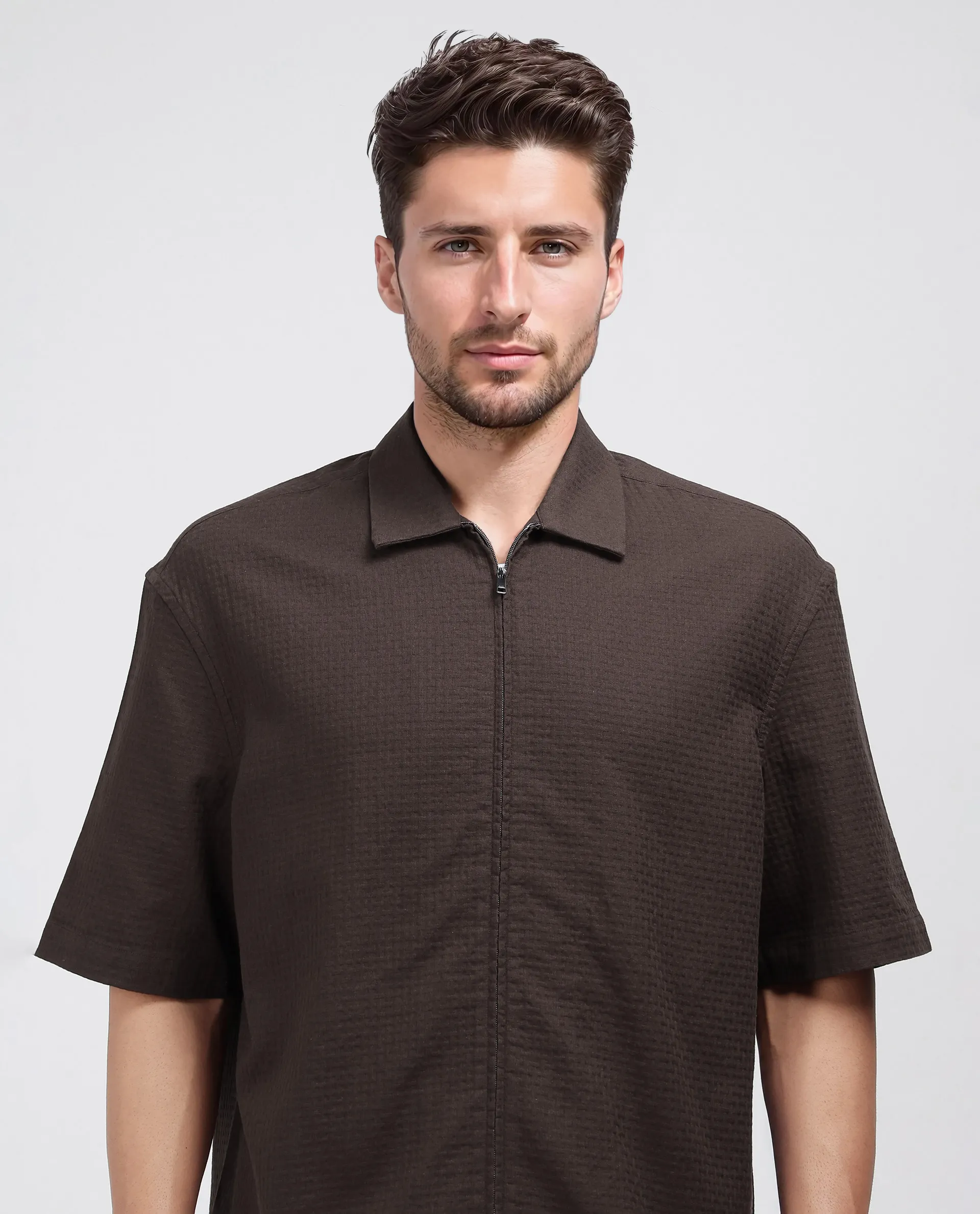 Rare Rabbit Men's Rics Dark Brown Cotton Textured Boxy Fit Half Sleeve Collared Shirt - Image 9